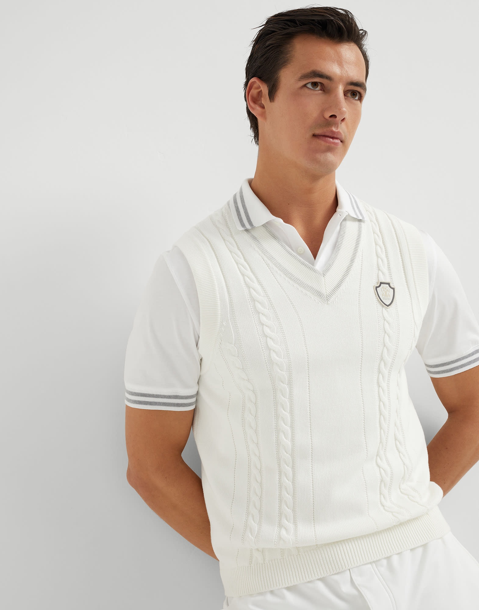 Cotton cable knit sweater vest with logo - 4