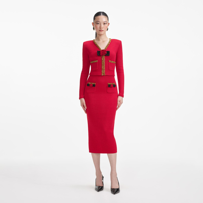 Red Textured Knit Corsage Cardigan 1