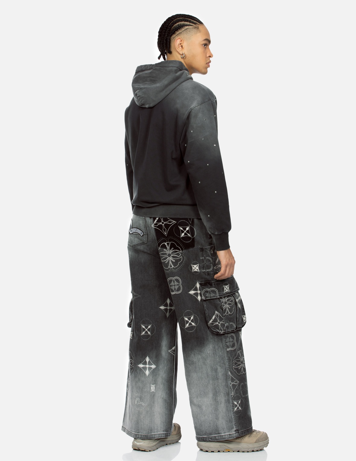 TIE-DYE KAMON AND SEAGULL PRINT FASHION FIT CARGO JEANS - 4