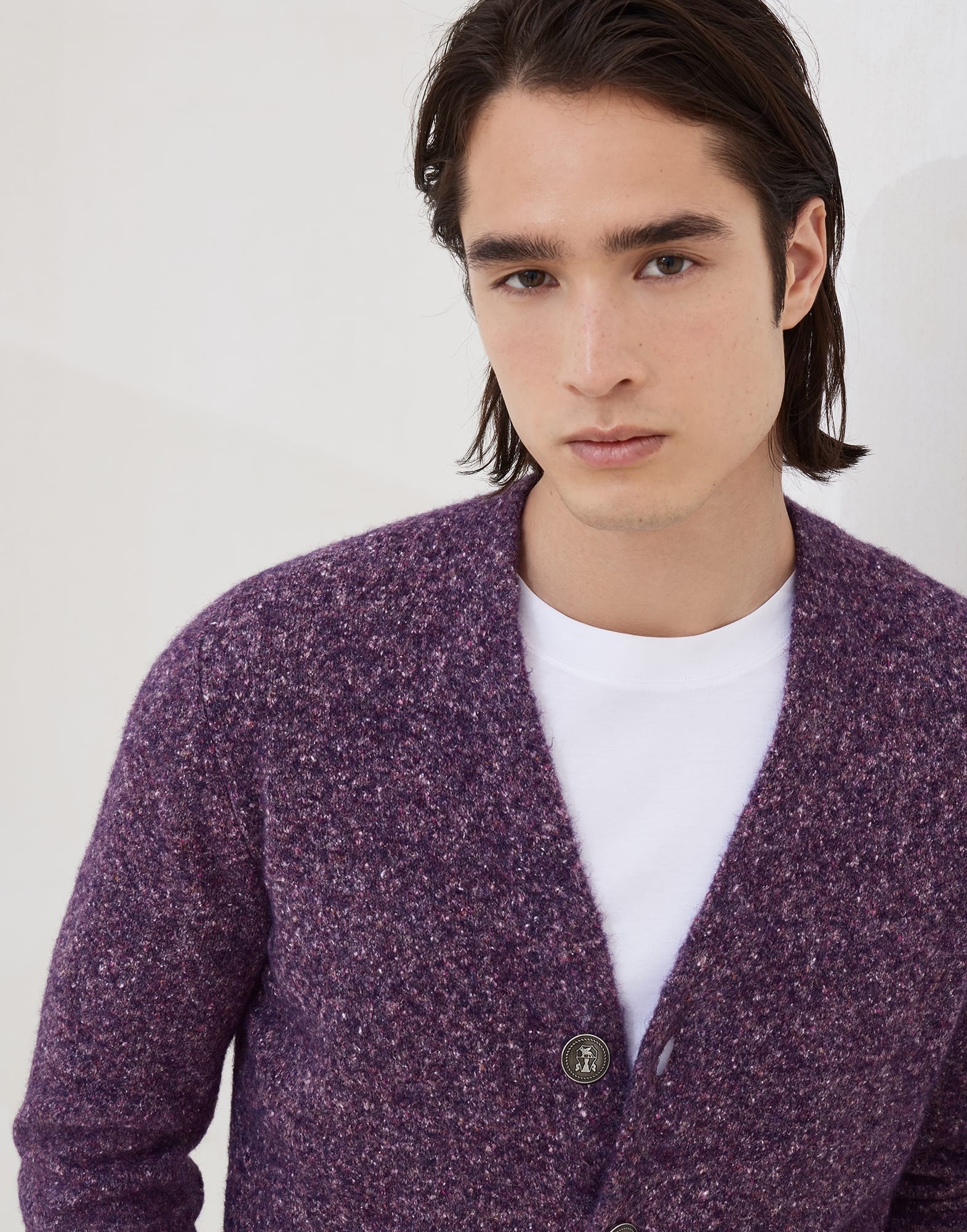 Flecked alpaca, wool, silk and cotton cardigan with metal buttons - 3