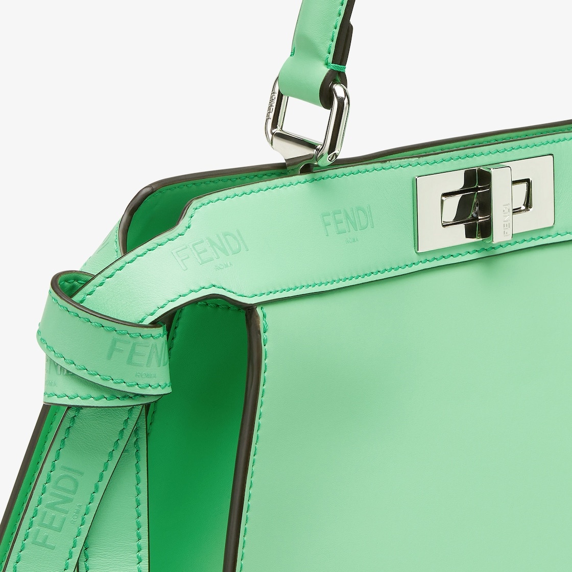 Iconic medium Peekaboo ISeeU bag, made of green leather with long knotted side laces, printed with a - 7