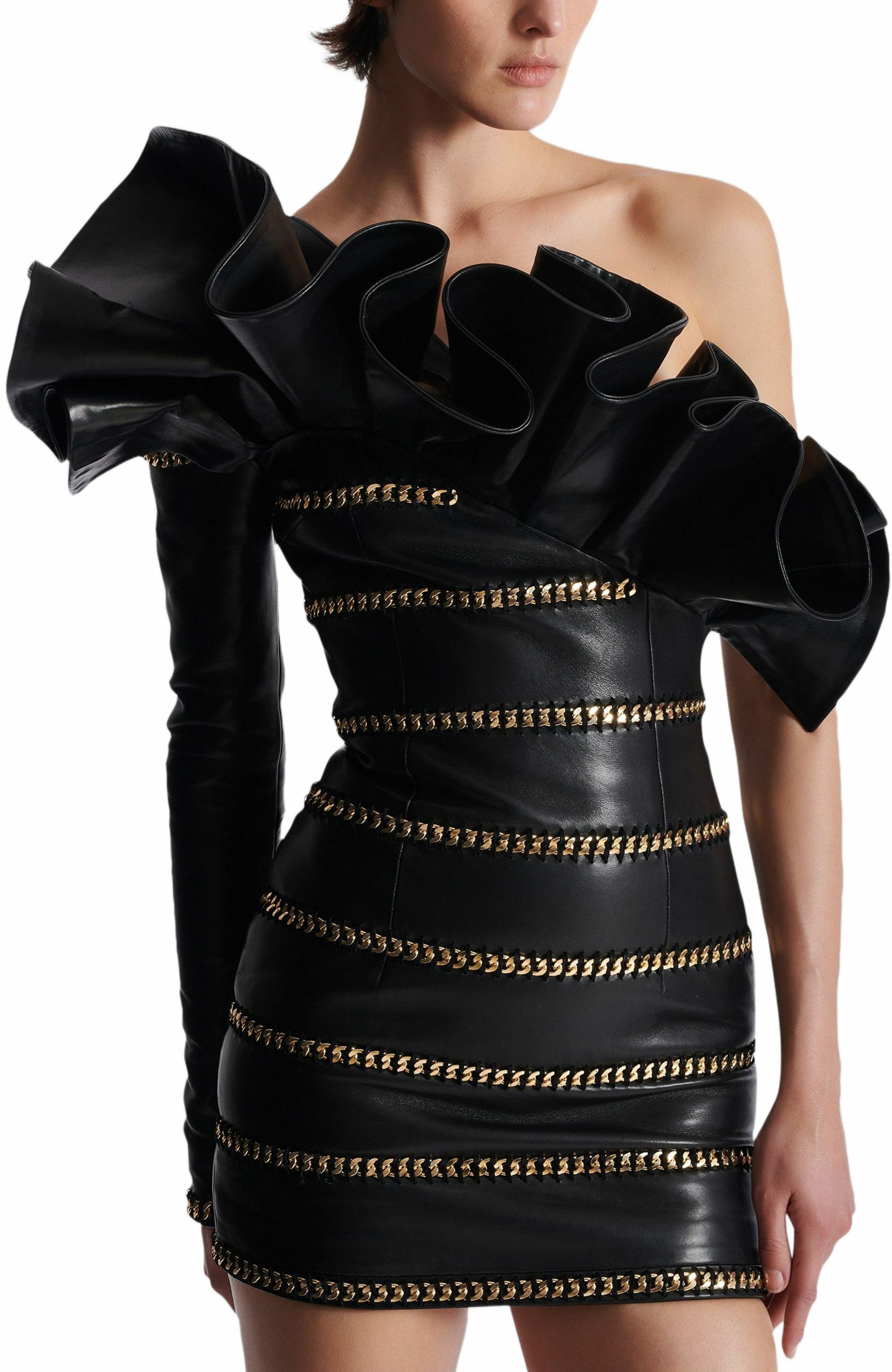 Balmain Asymmetric Leather Bodycon Dress With Chains in Black at Nordstrom - 4