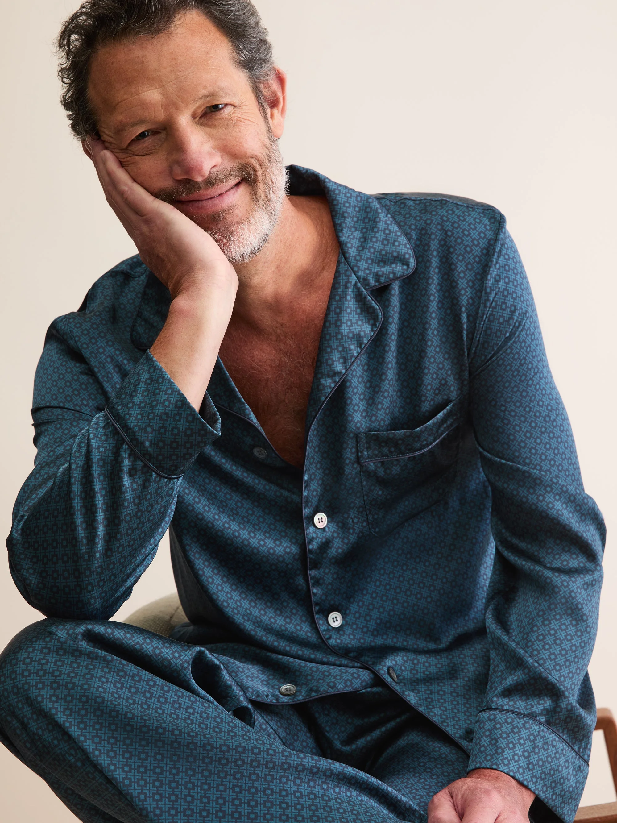 Men's Silk Pajamas London Geo Cross Blue & Teal - 1