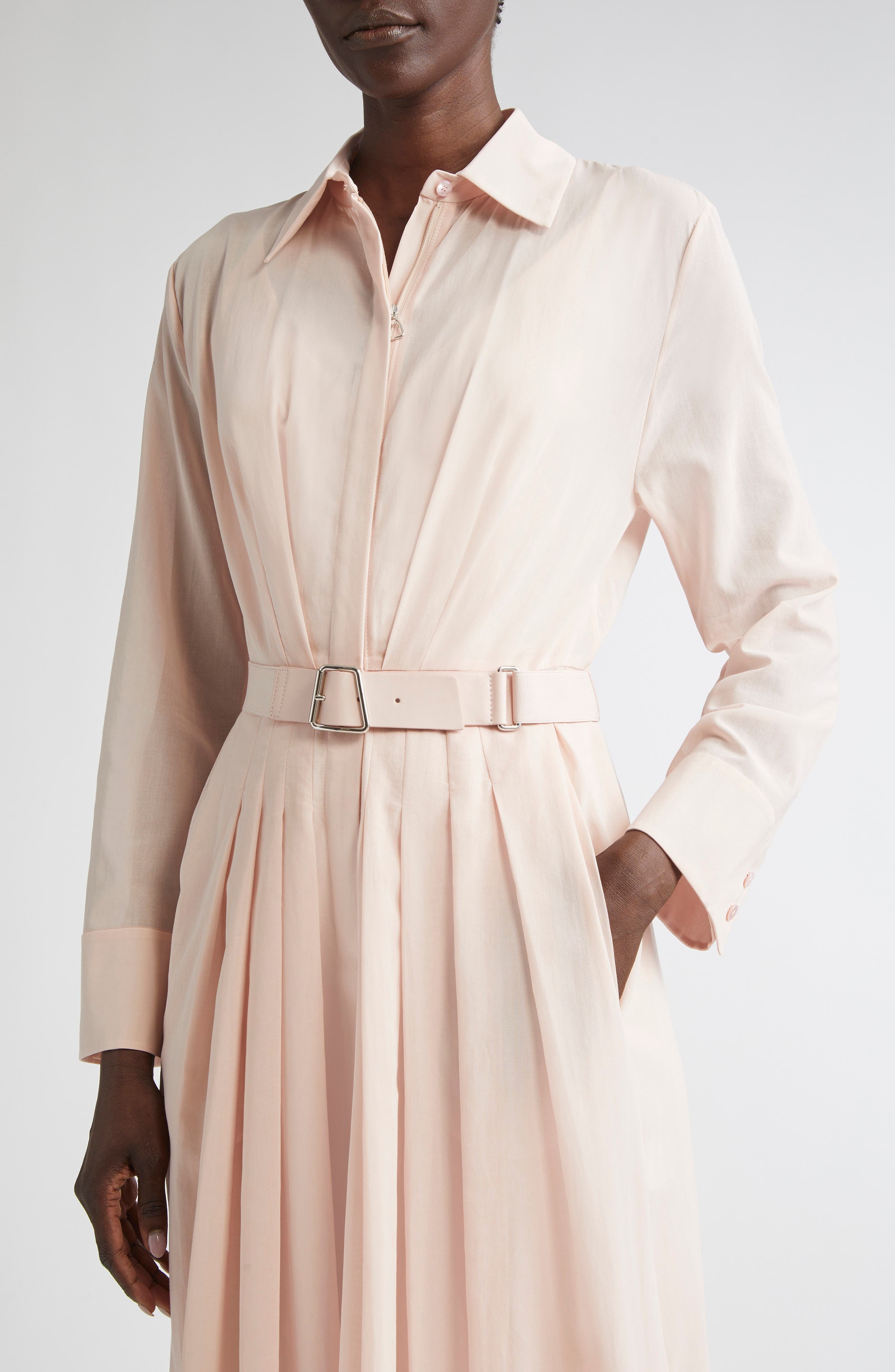 Akris Long Sleeve Cotton Voile Belted ShirtDress in Pale Pink at Nordstrom - 4
