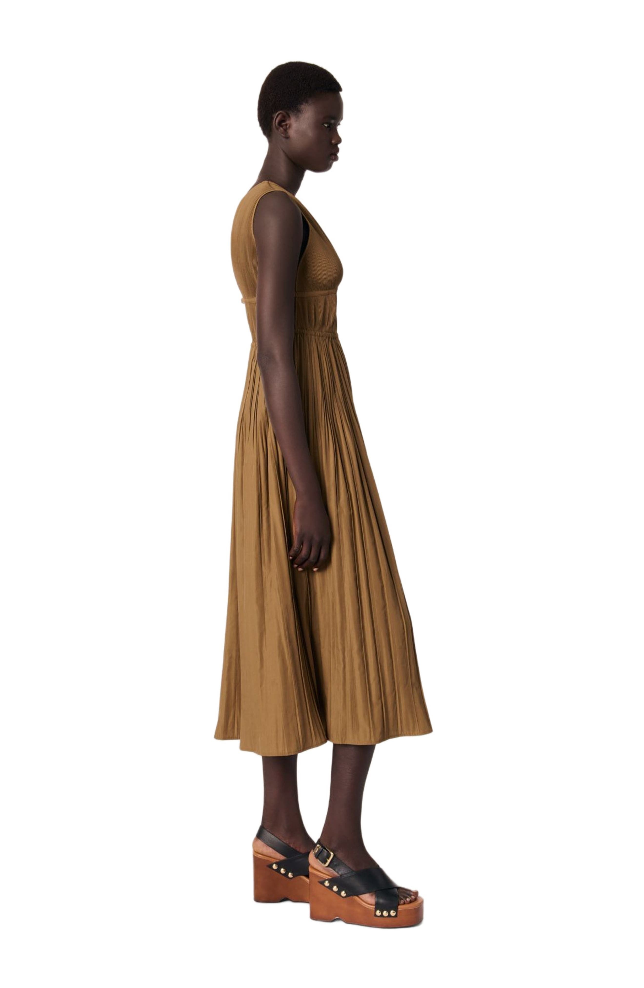 maje Jewellery neckline pleated dress in Khaki at Nordstrom - 3