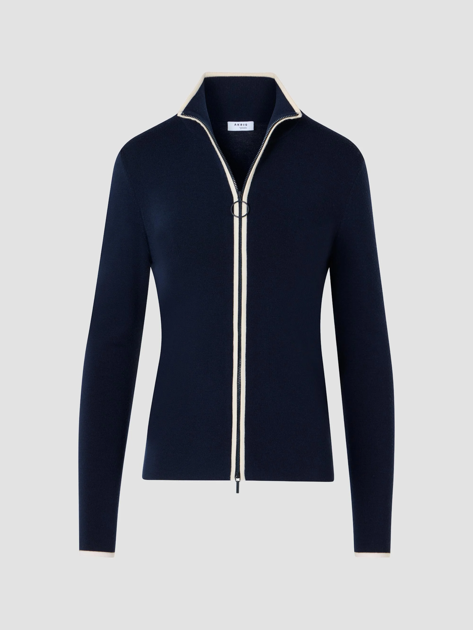 Women's Wool Zip-Front Cardigan - Navy Cream - 1