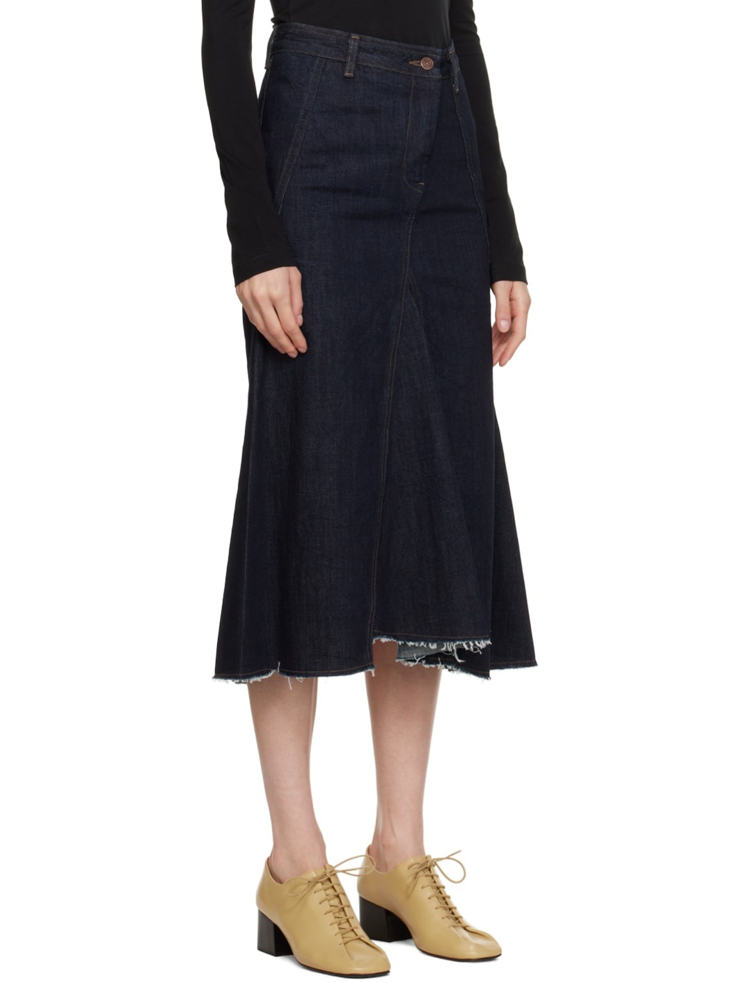 LOW CLASSIC Indigo Raw Edge Denim Midi Skirt | ssense