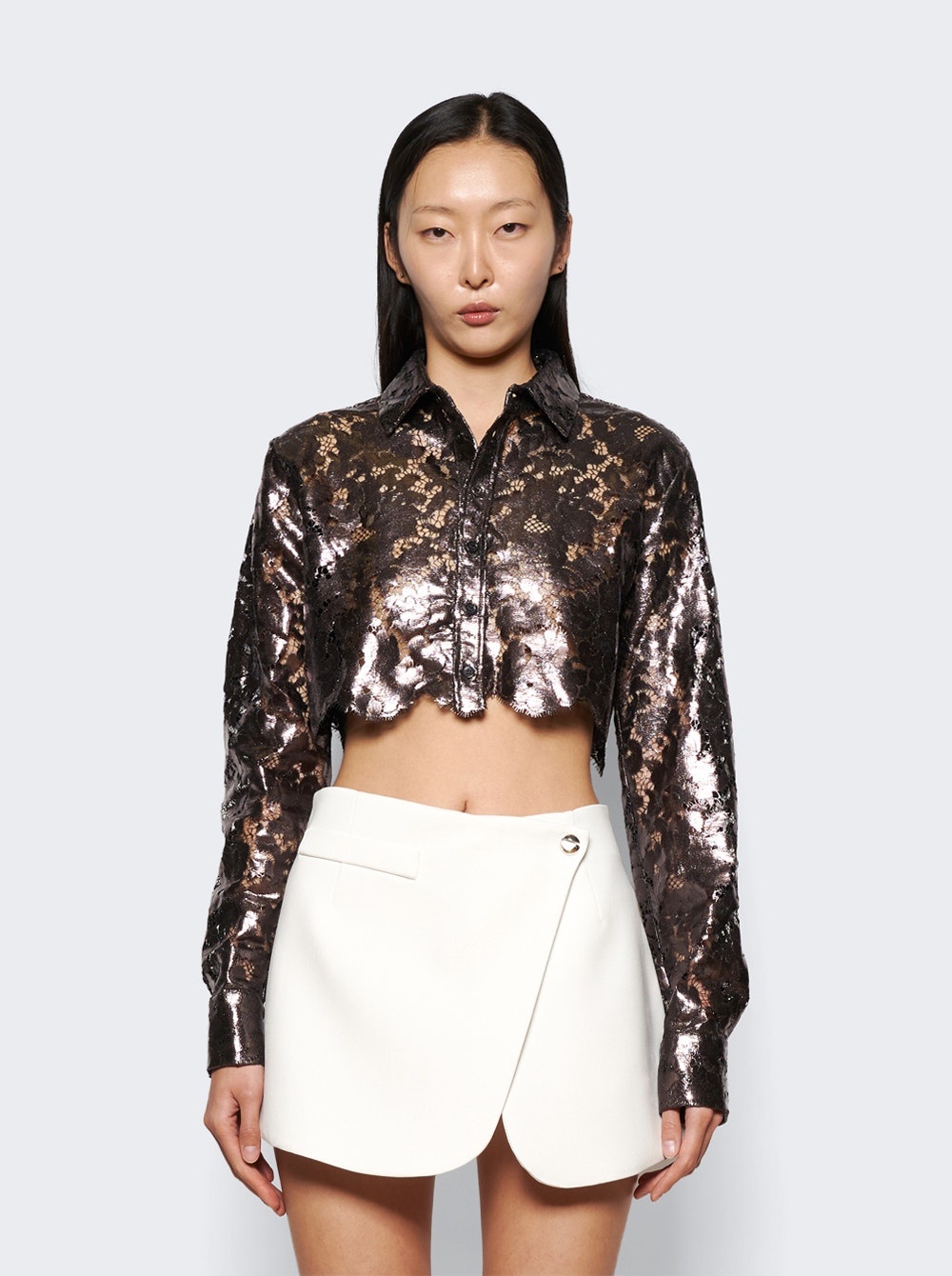 Lace Cropped Shirt Chocolate Brown - 3