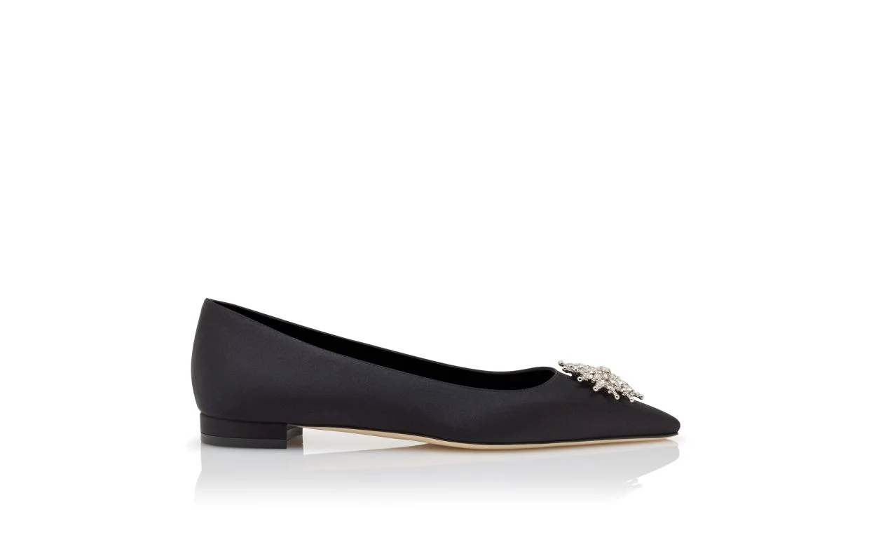 Black Satin Crystal Embellished Flat Pumps - 1