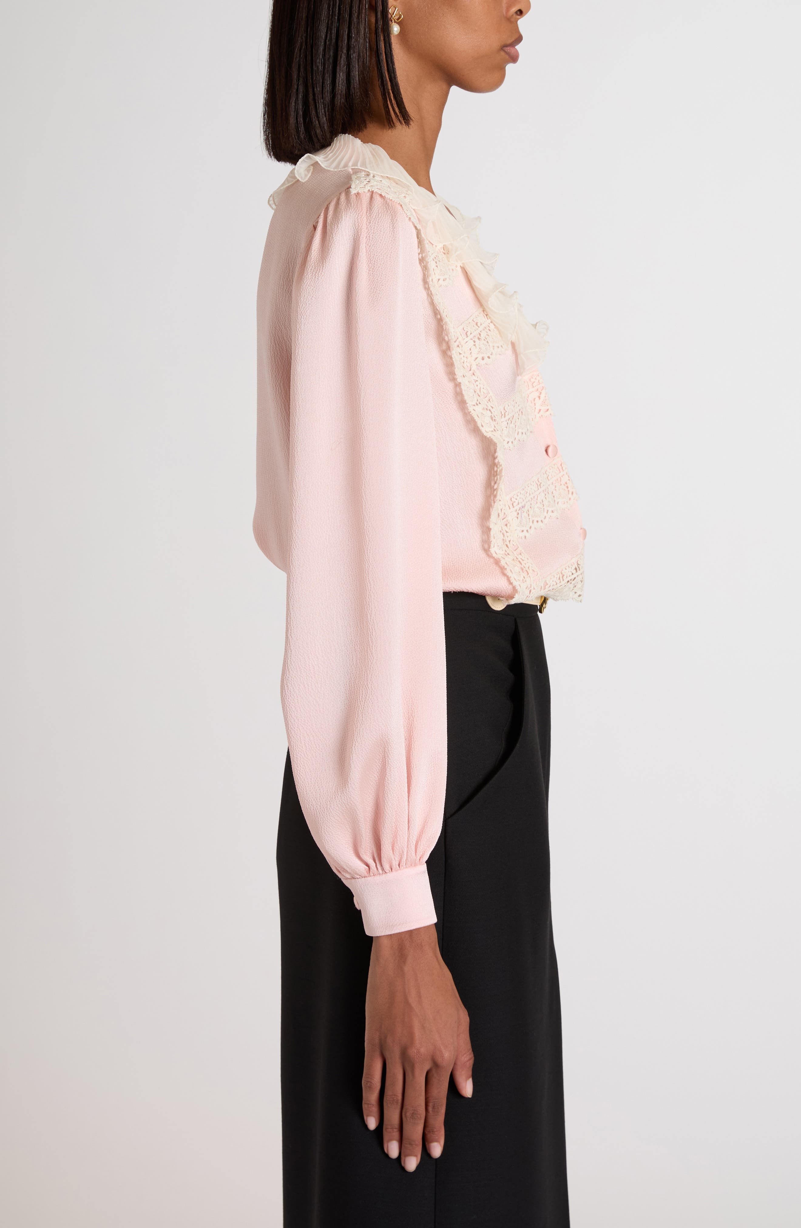 Valentino Garavani Lace Trim Chiffon Ruffle Hammered Satin Shirt in Light Pink/Ivory at Nordstrom - 3