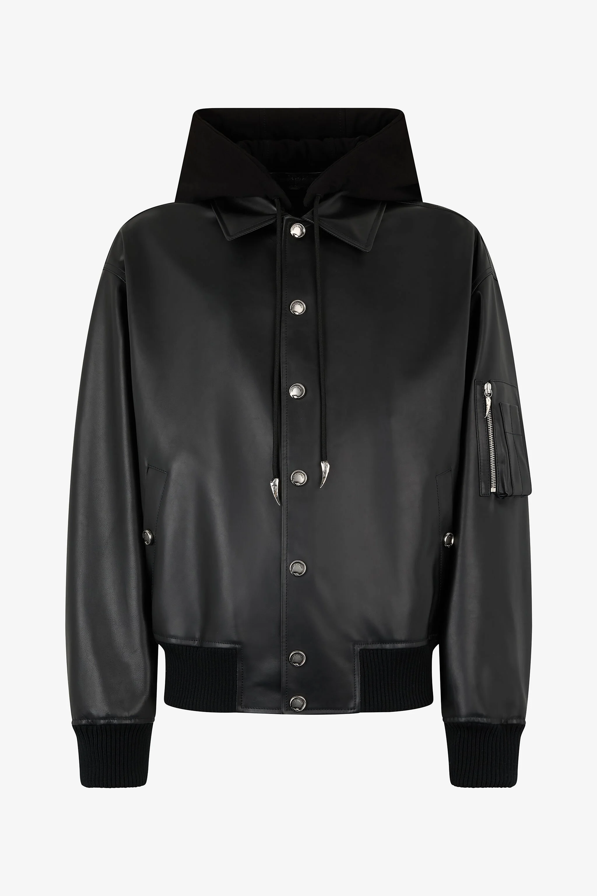 Leather Bomber Jacket with Hood - 1