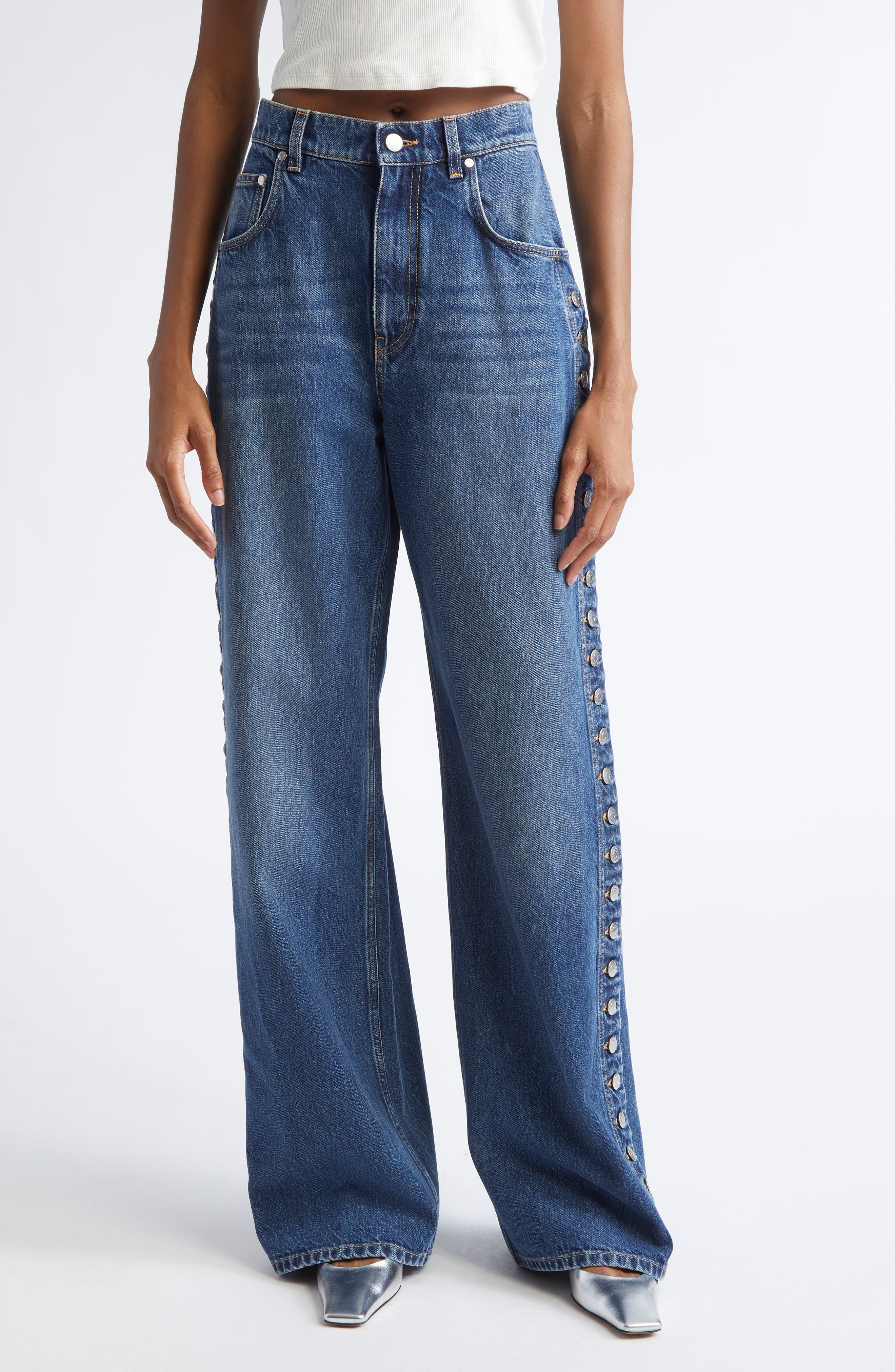 Stella McCartney Side Button Wide Leg Jeans in Dark Blue at Nordstrom - 1