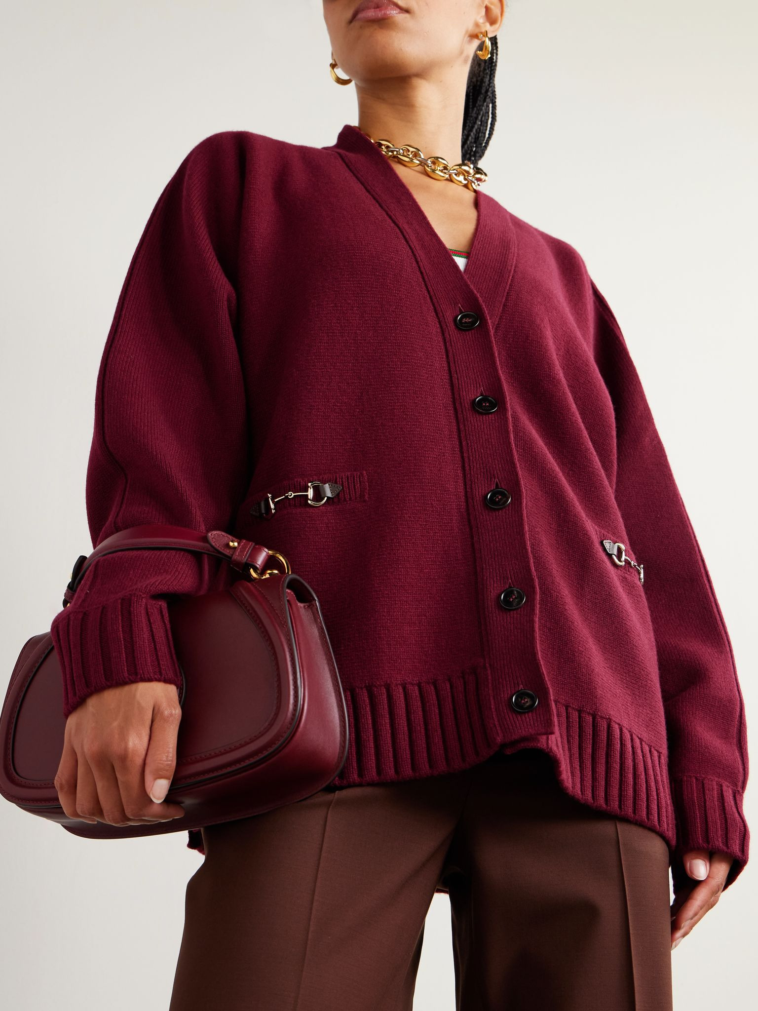 Horsebit-detailed wool and cashmere-blend cardigan Red - 3