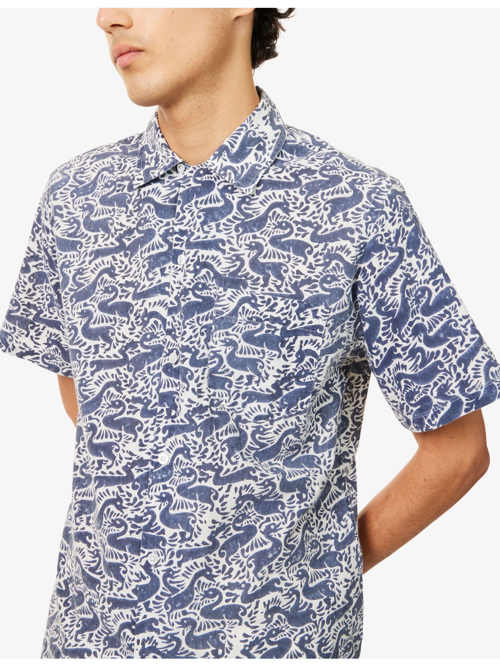 Duck Block-Print Camp-Collar Short Sleeve Cotton Shirt - 5