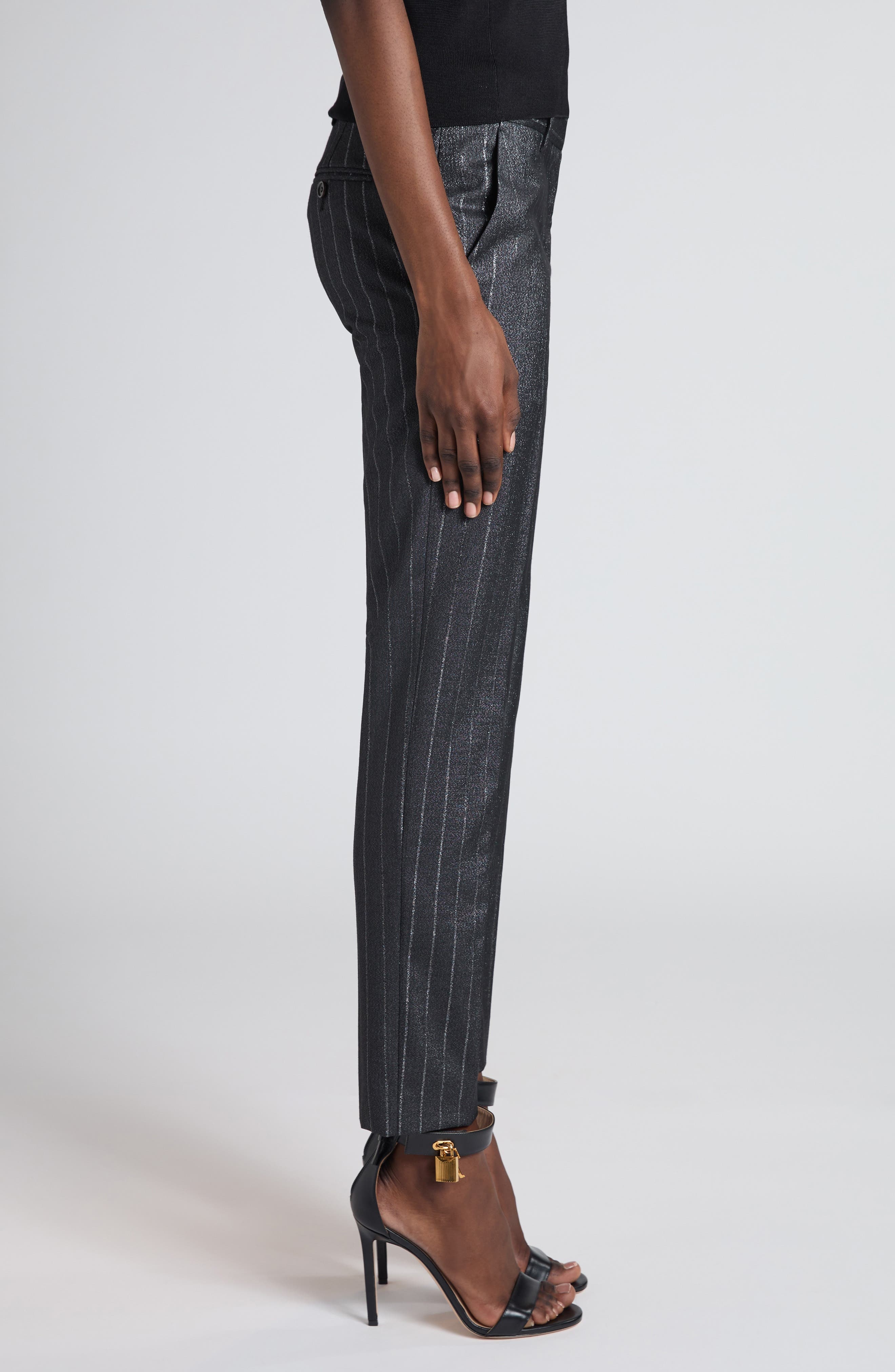 TOM FORD Metallic Stripe Wool Blend Ankle Pants in Dark Silver at Nordstrom - 4
