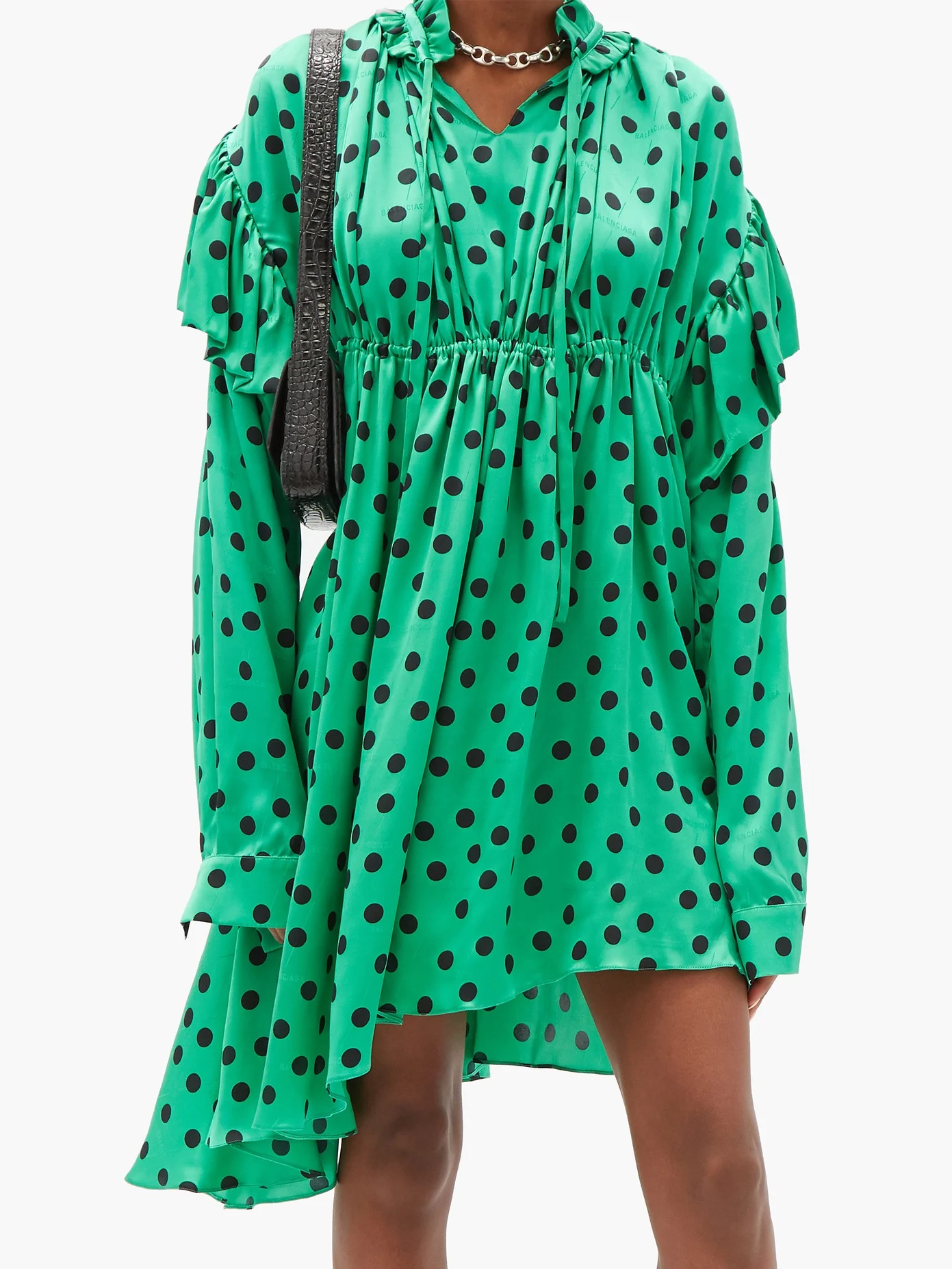 Polka-dot gathered silk-satin dipped-hem dress - 6