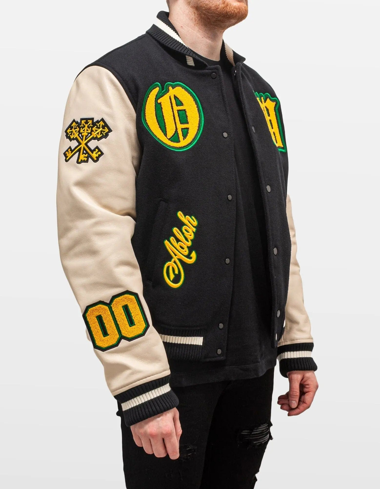Off-White Black Graphics Leather Varsity Jacket - 11
