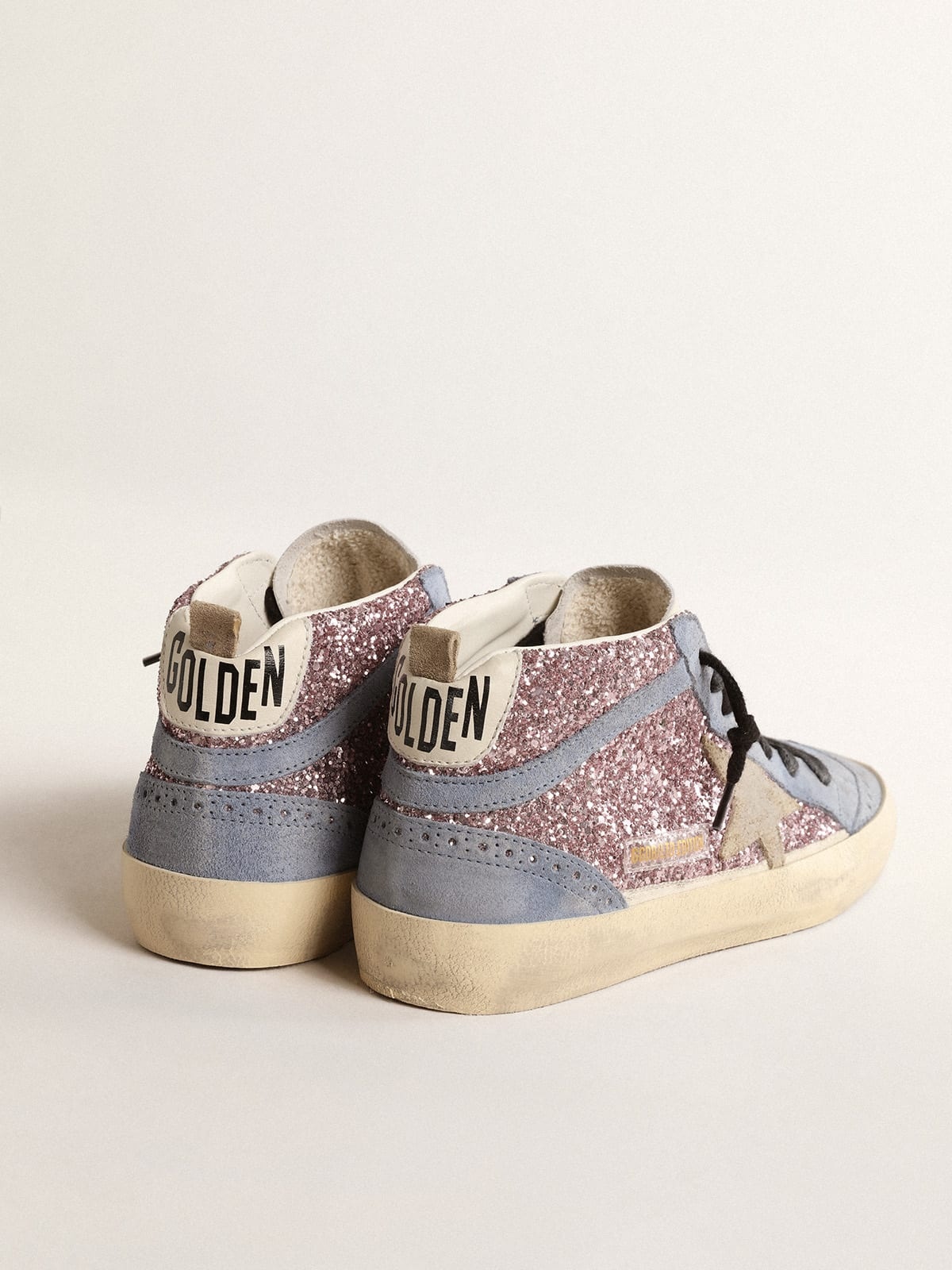 Golden Goose Mid Star LTD in lilac glitter with light blue suede