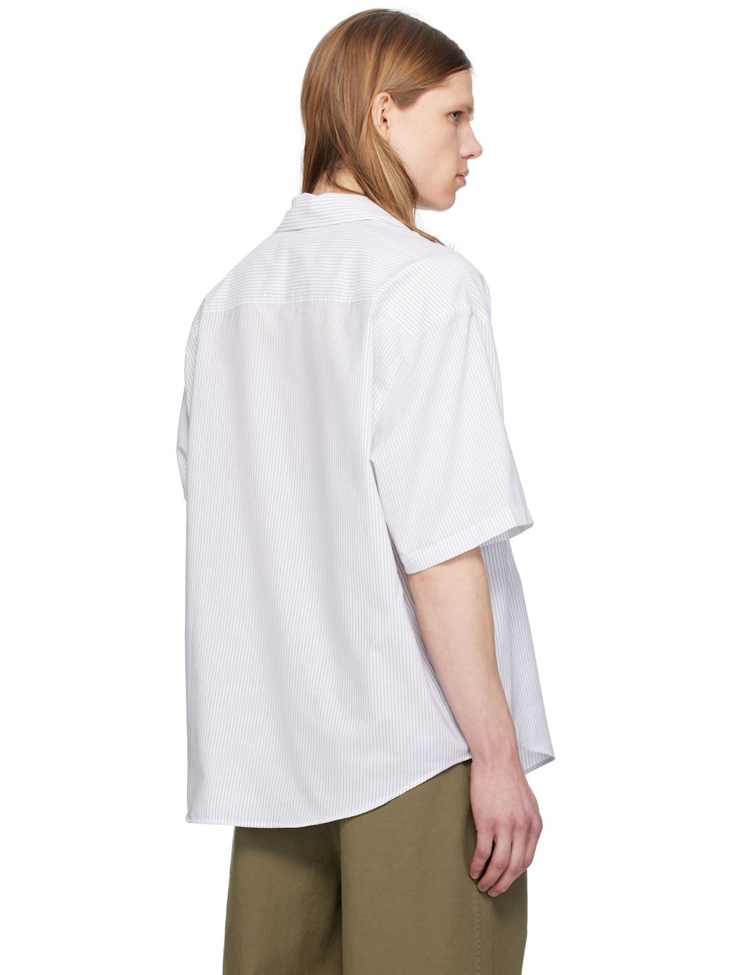 White & Blue Cotton Camp Collar Short Sleeves Shirt - 3