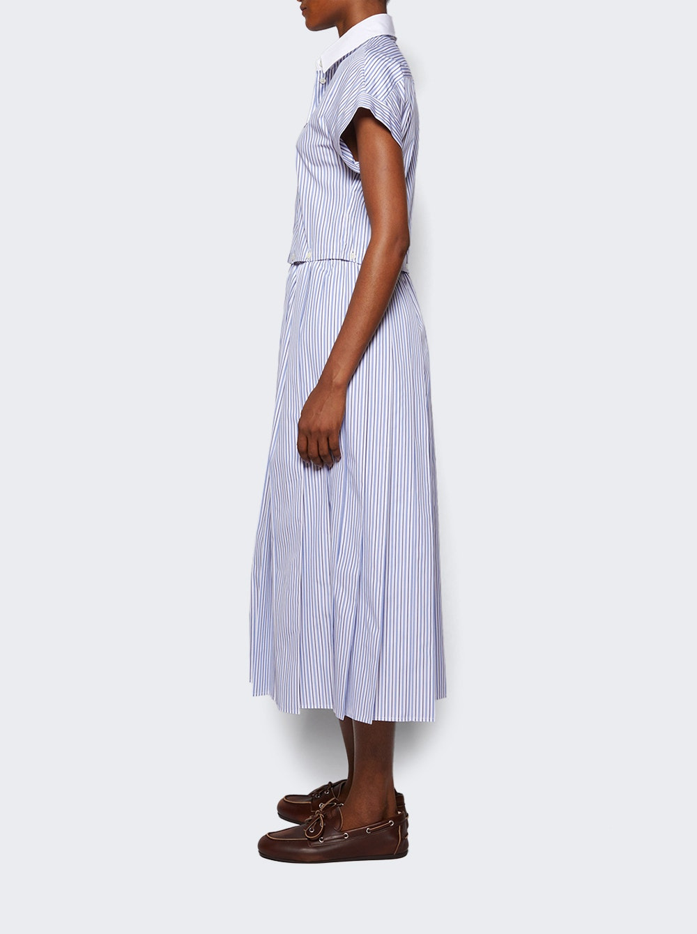 Pleated Striped Poplin Midi Dress Bianco And Celeste - 3