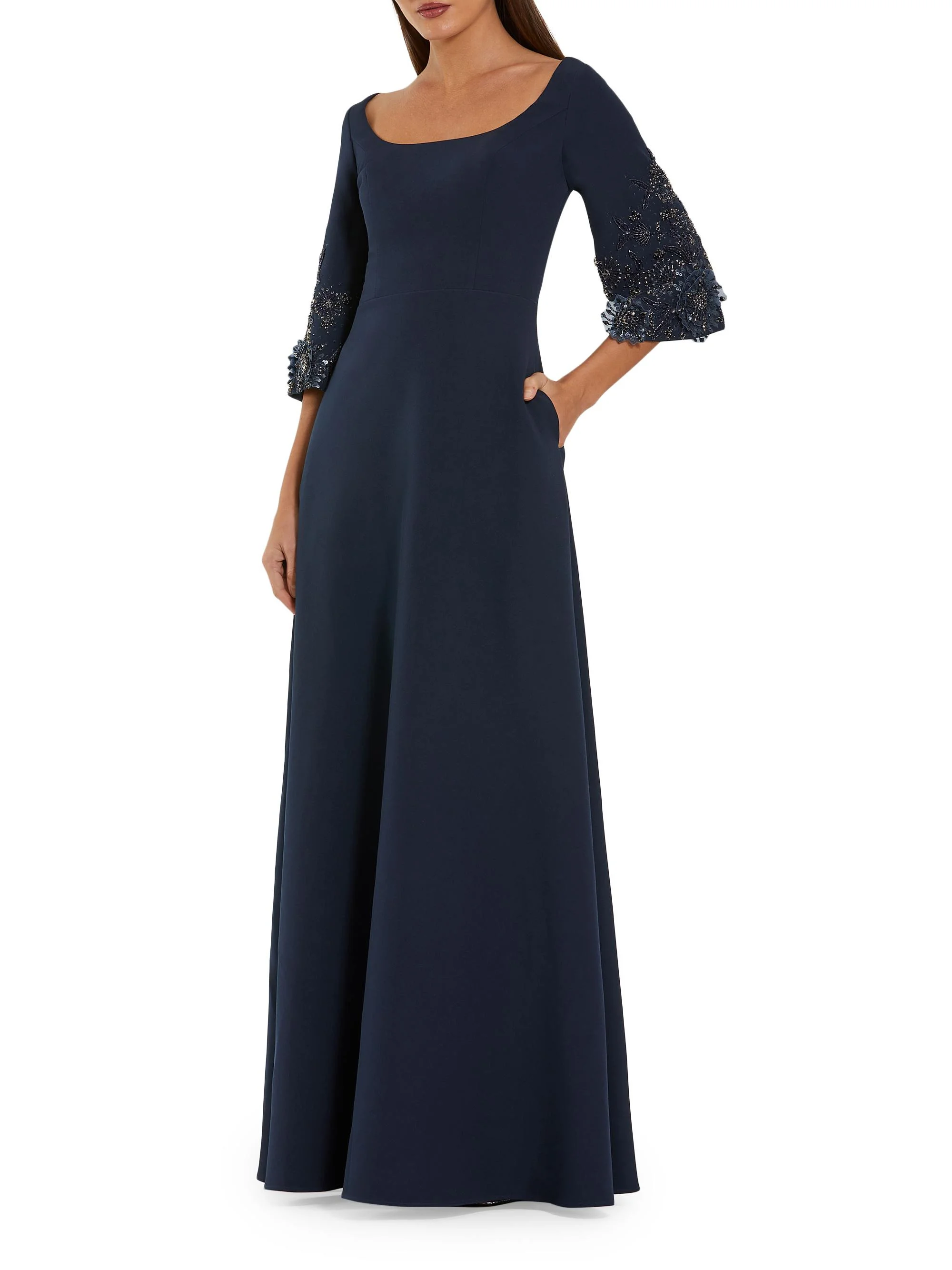 Women's Evening Beaded-Sleeve Crepe Gown - Midnight - 1