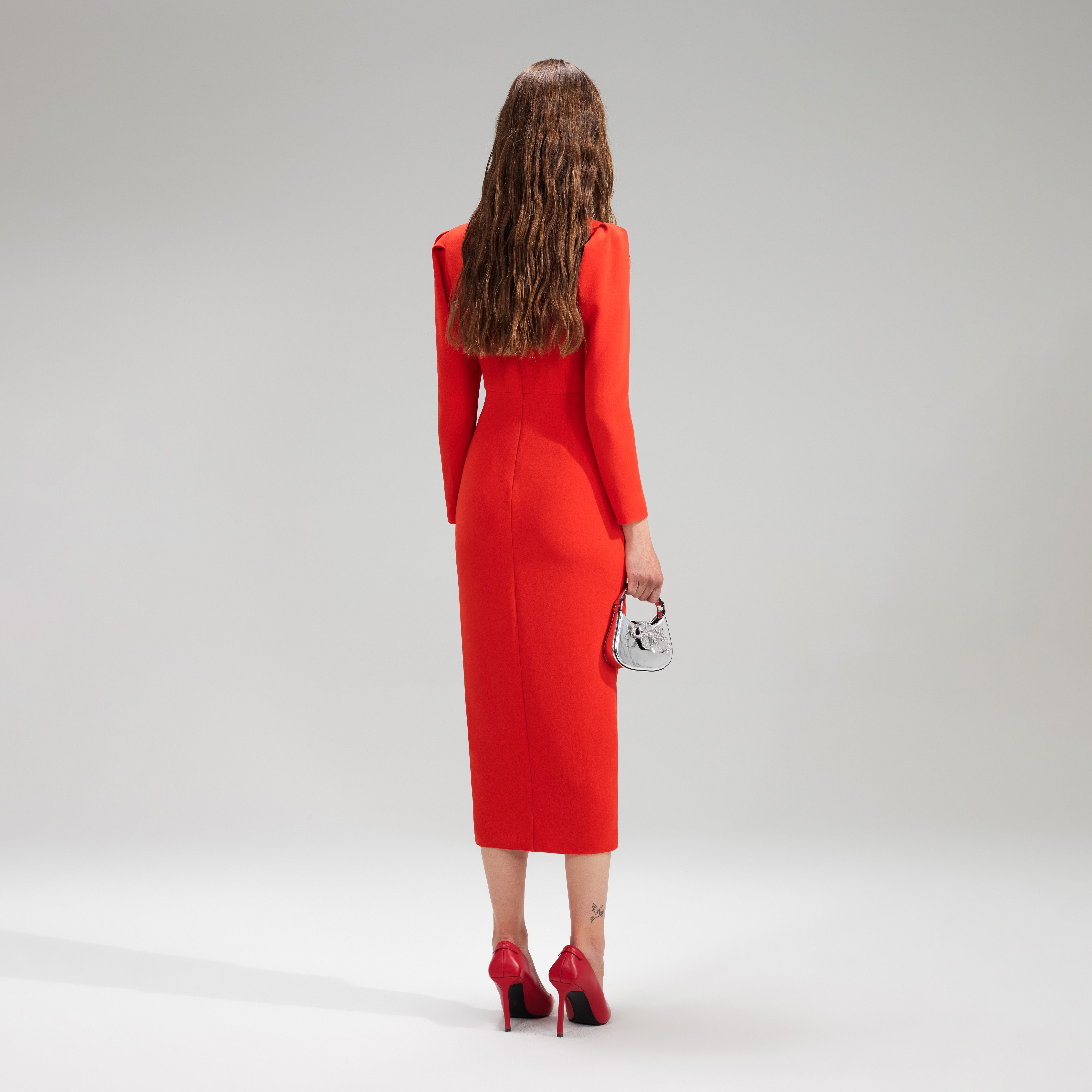 self-portrait Red Crepe Ruched Midi Dress | REVERSIBLE