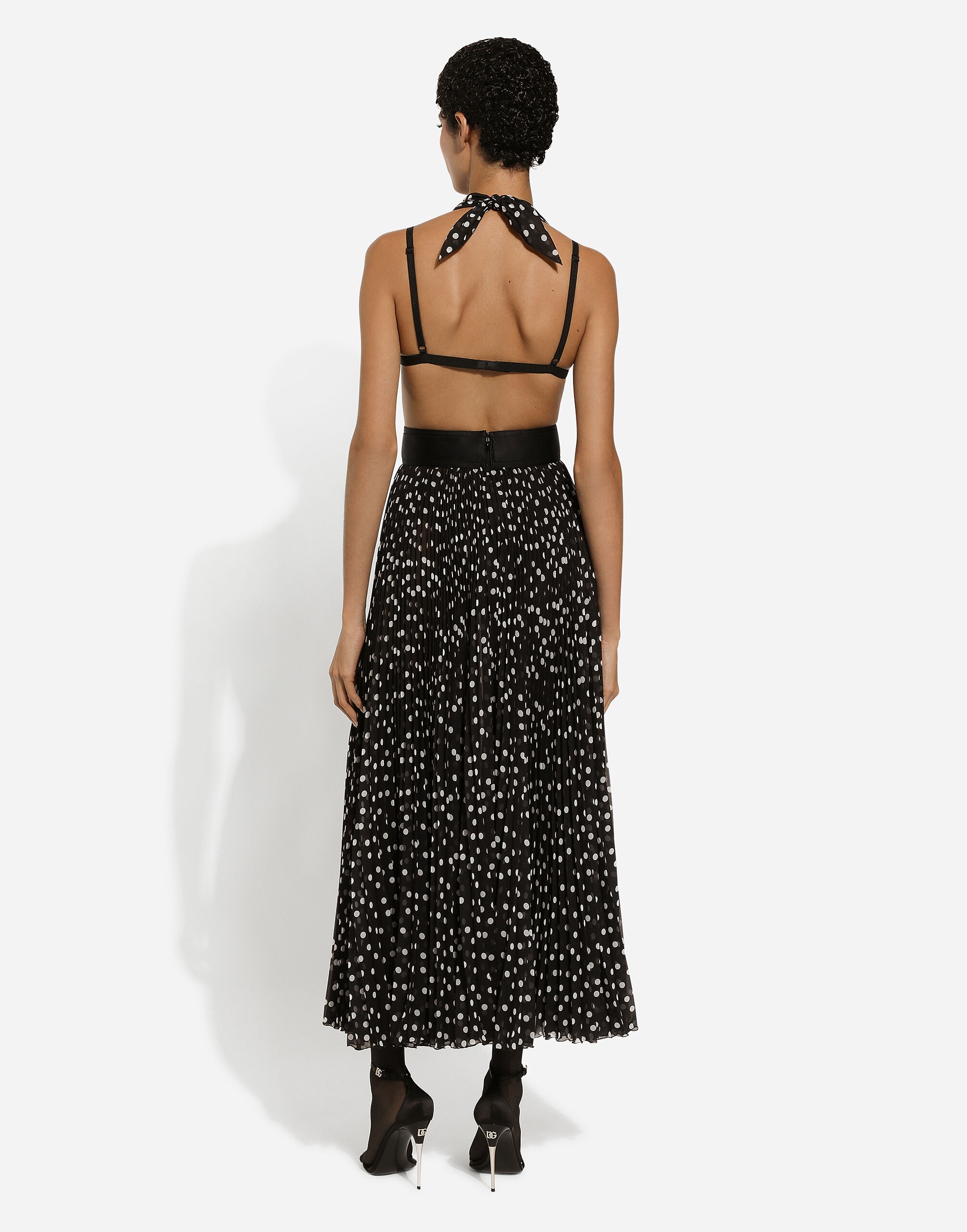Chiffon calf-length dress with plunging neckline and polka-dot print - 3
