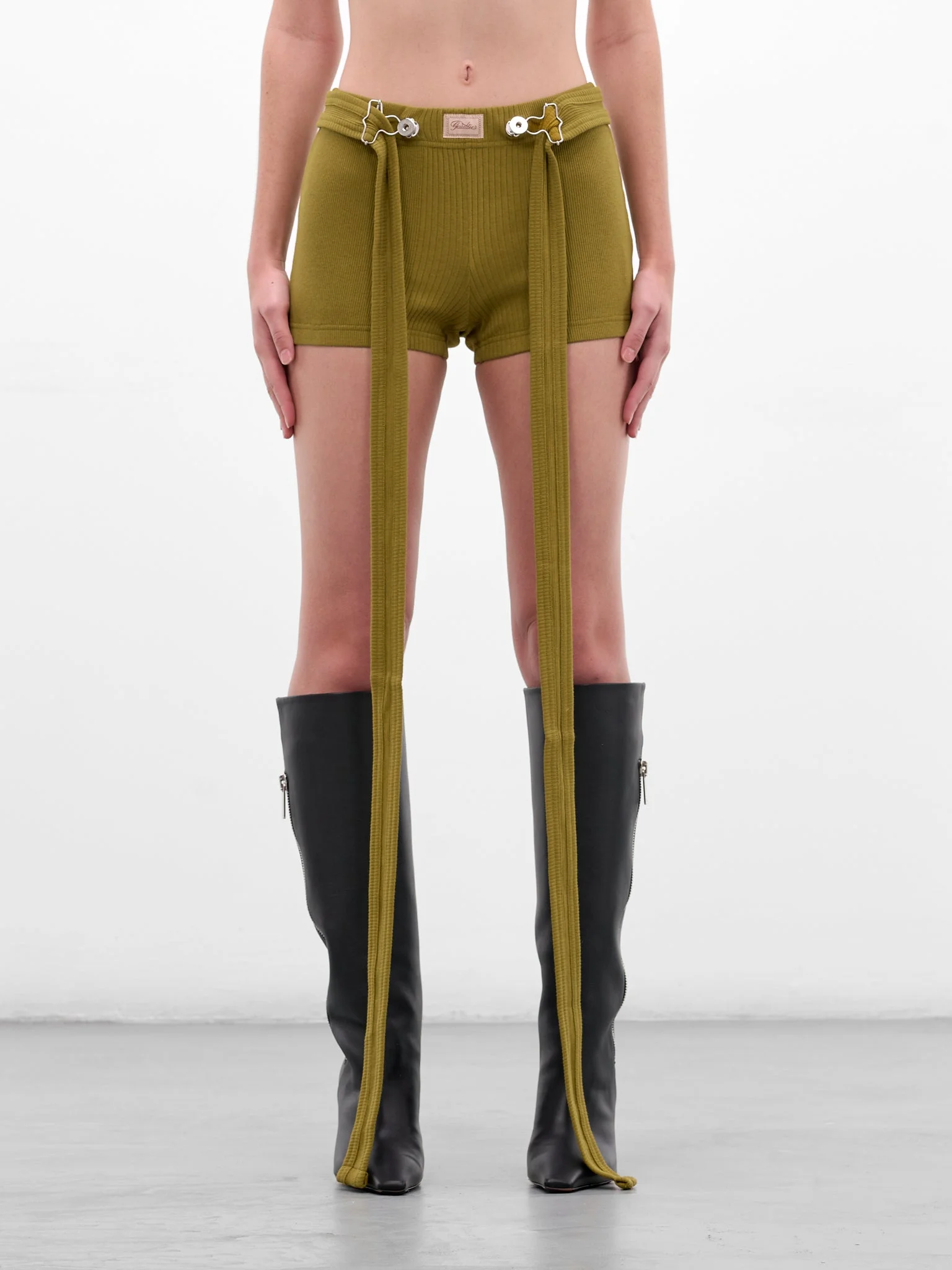 Green Rib-Knit Cotton Strap Shorts - 1