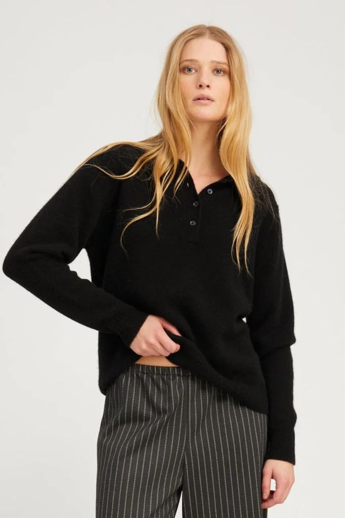 BLACK CASHMERE POLO SWEATER - 1
