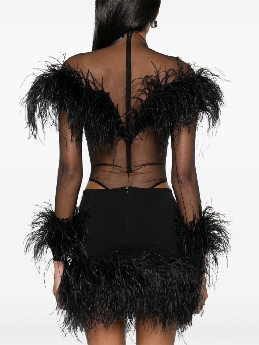 feather-trim mesh bodysuit - 4