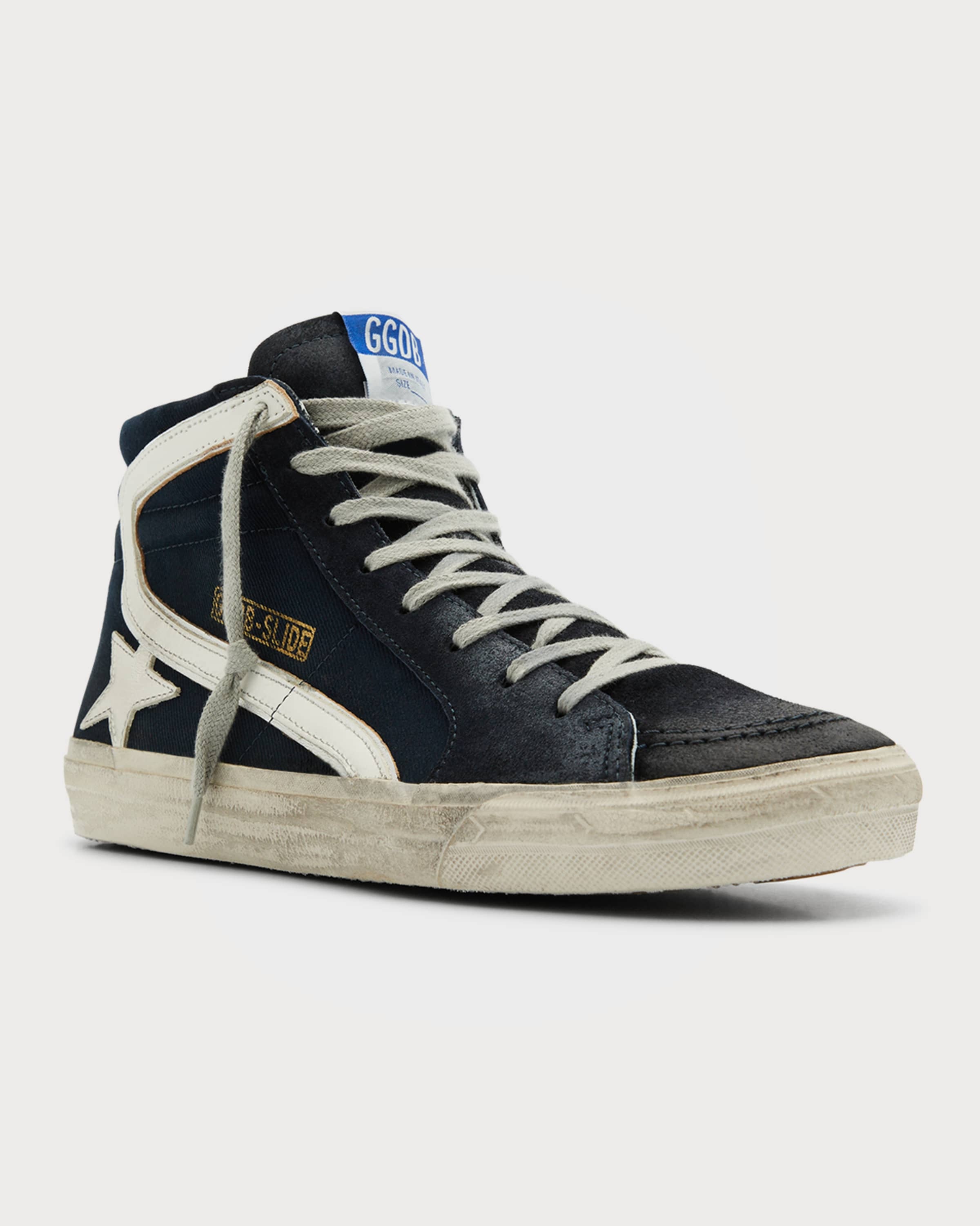 Men's Distressed Denim & Leather High-Top Sneakers - 3