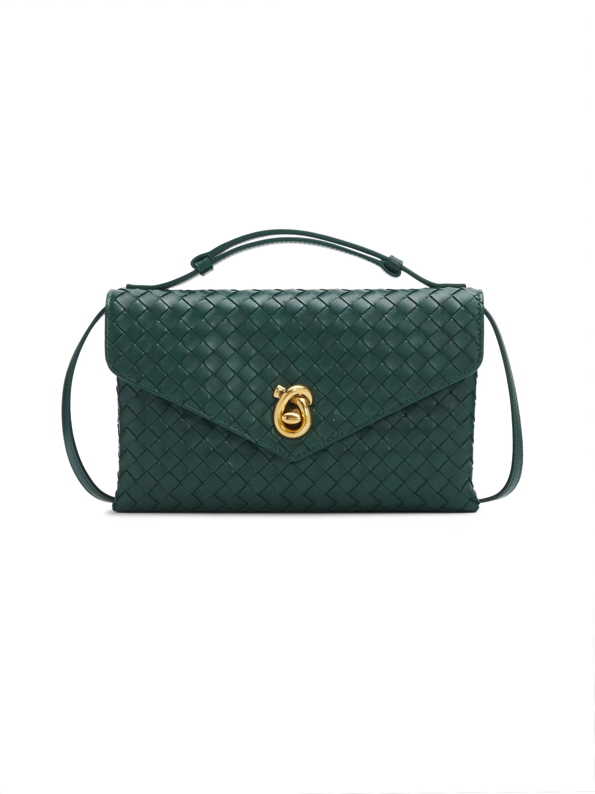 Women's Knot Lock Intrecciato Leather Top Handle Bag - Emerald Green Brass - 1