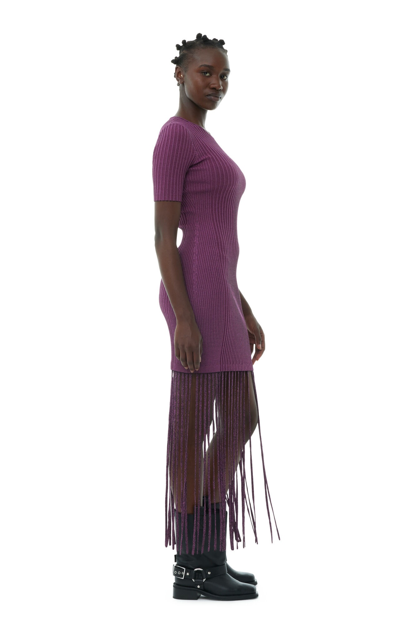 PURPLE MELANGE KNIT FRINGE SHORT SLEEVE MINI DRESS - 4