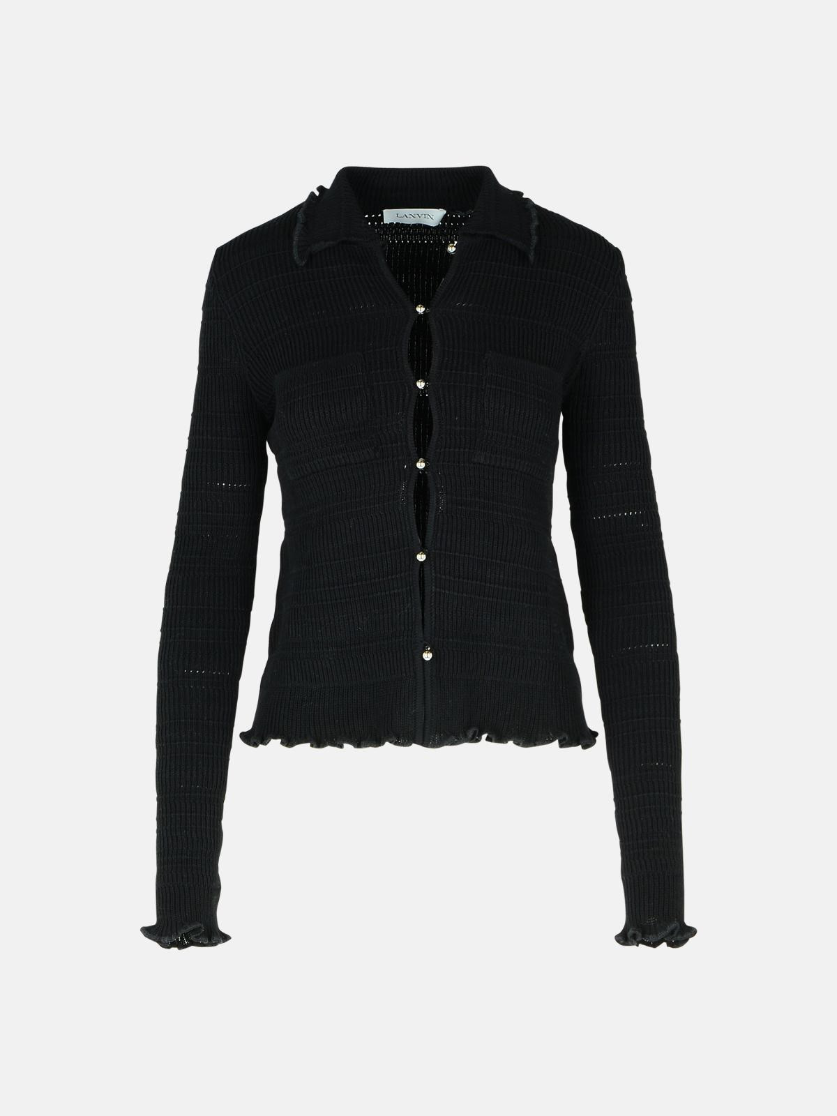 'RIBBED' BLACK COTTON CARDIGAN - 1