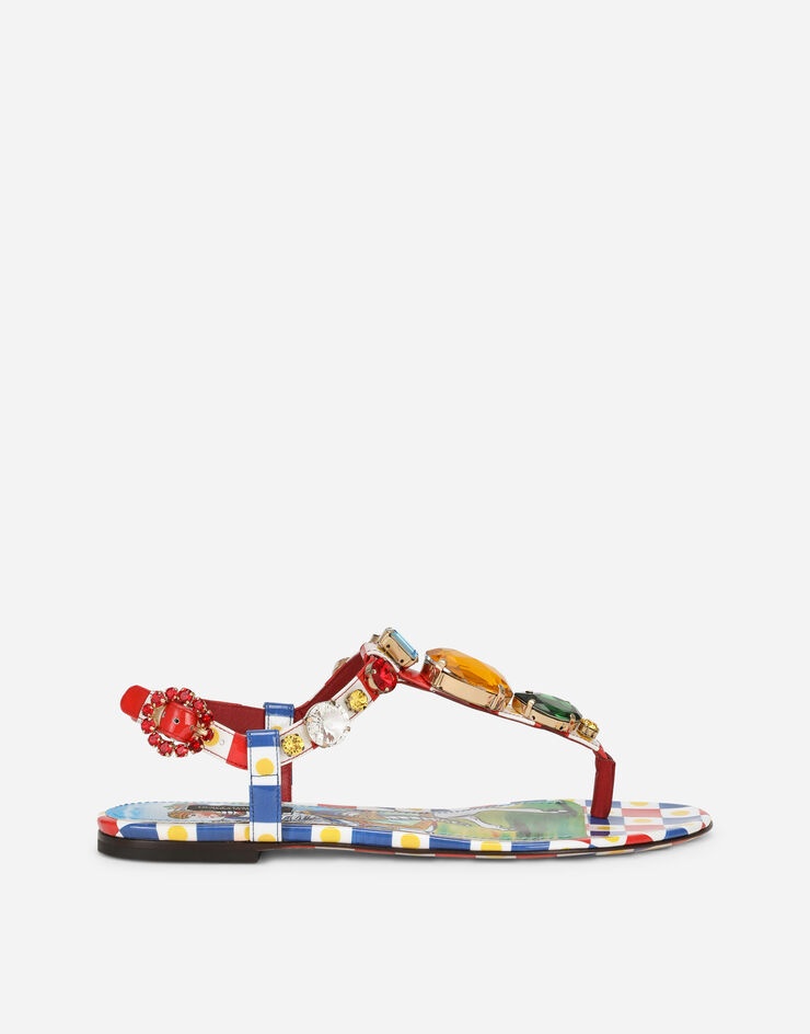 Carretto-print patent leather thong sandals with bejeweled appliqué - 1