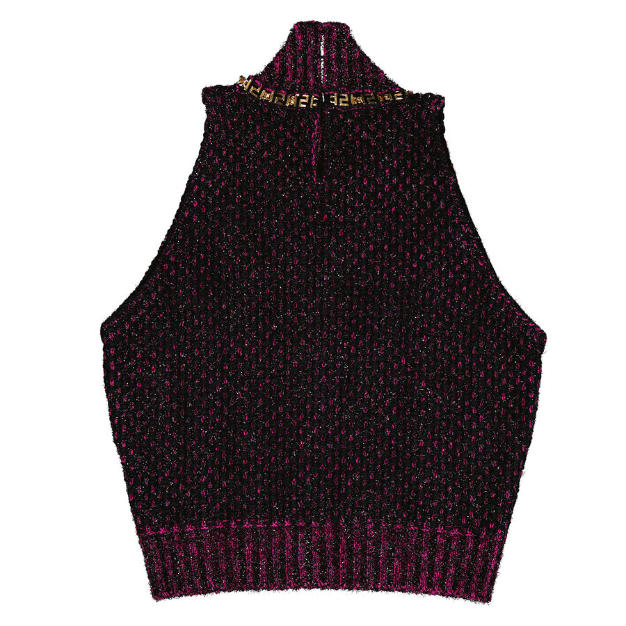 Versace Ladies Black / Multi Tweed Turtleneck Cropped Wool-blend Top - 2