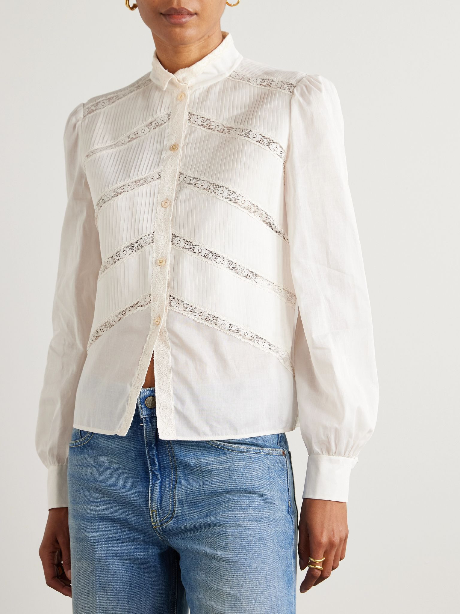 Lace-trimmed pintucked cotton-poplin shirt White - 3