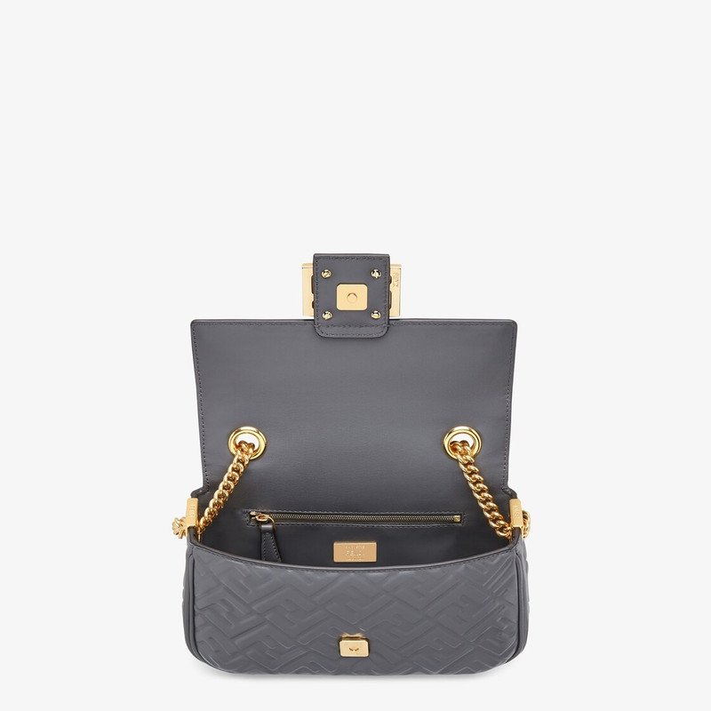 Iconic medium Baguette bag with chain, made of dark gray soft nappa leather with a 3D texture FF mot 4