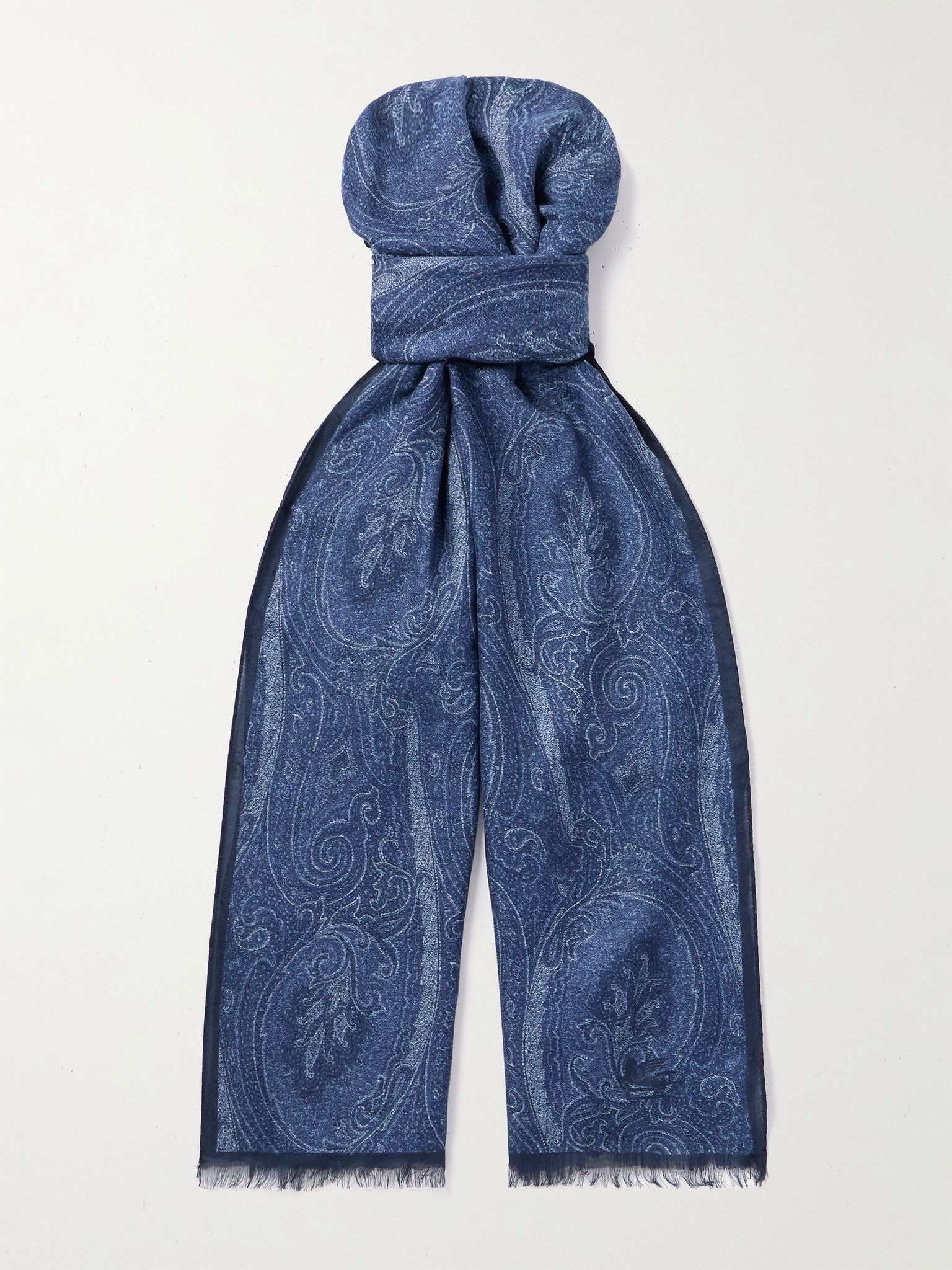 Paisley-Print Fringed Modal and Cashmere-Blend Scarf Blue - 1