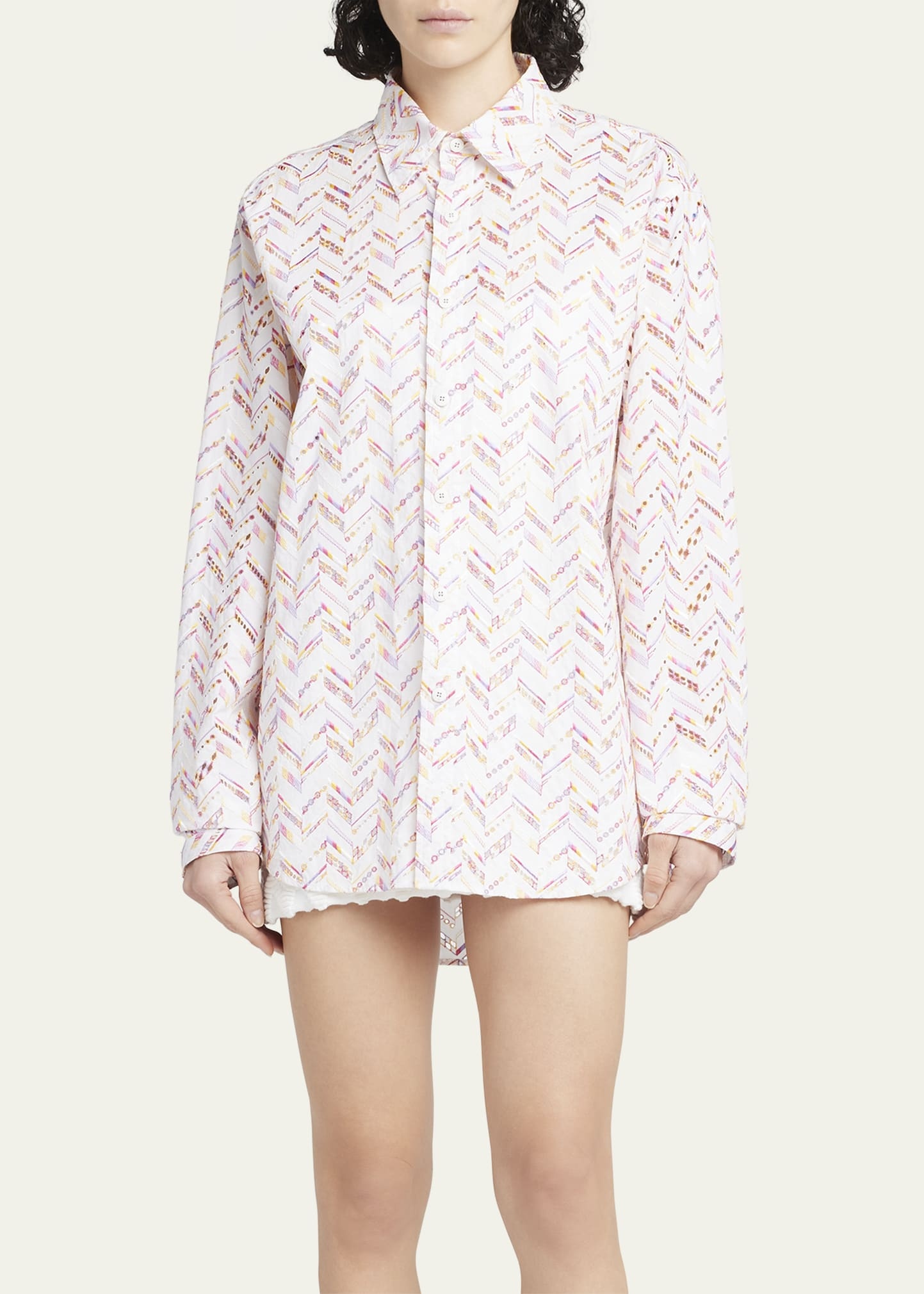 Chevron Broderie Anglaise Long-Sleeve Collared Shirt - 4