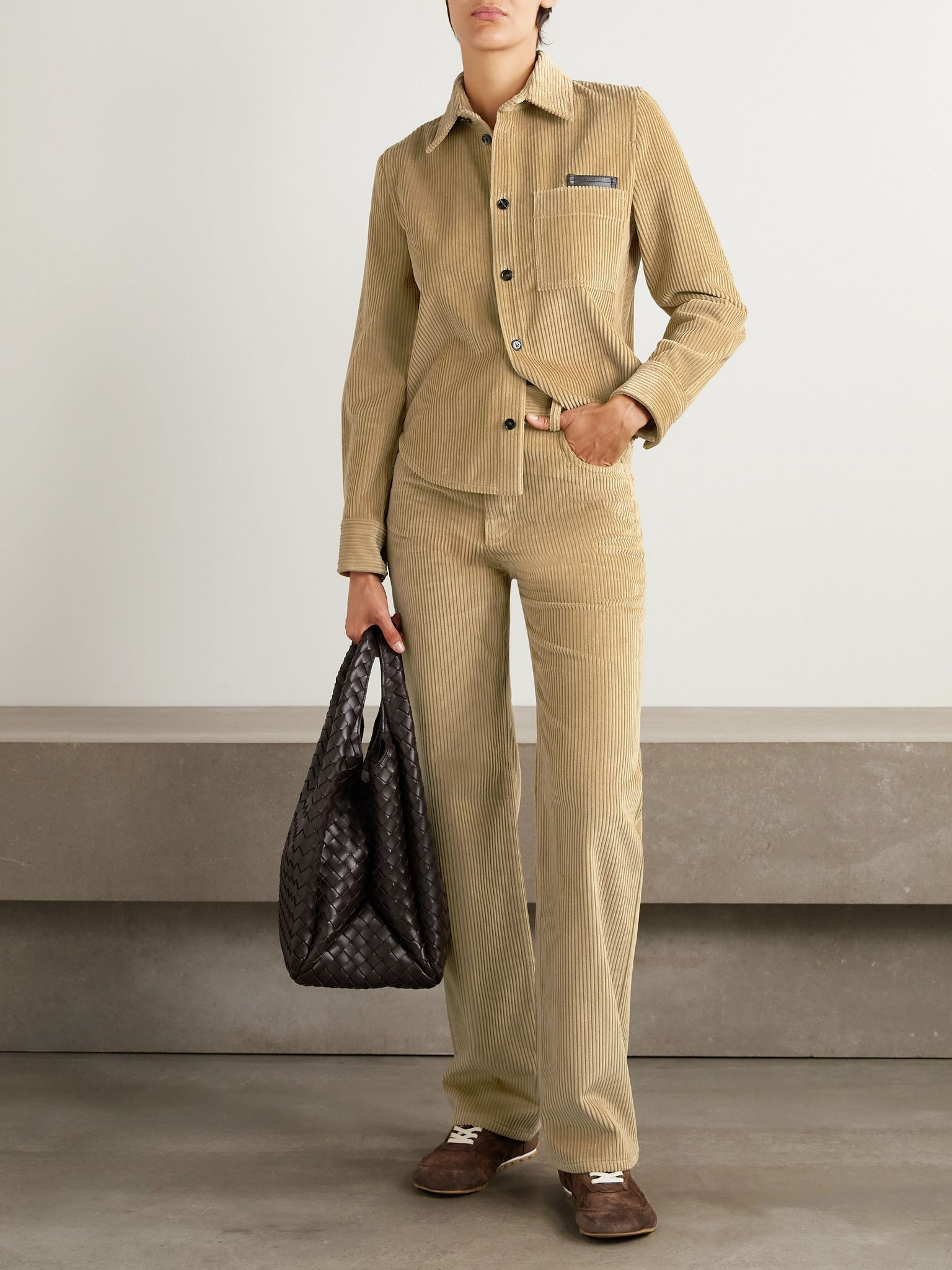 Leather-trimmed cotton-corduroy shirt Ecru - 2