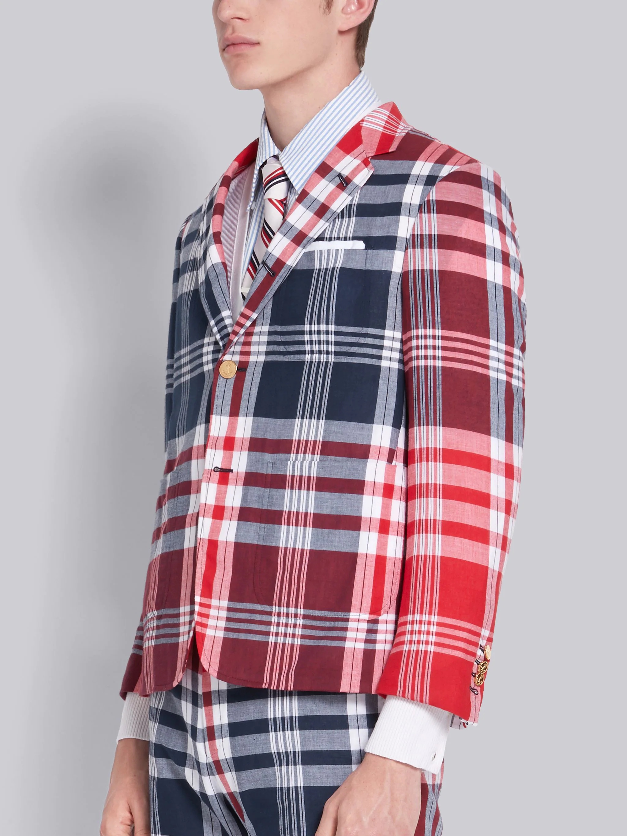 Multicolor Large Plaidmadras Check Cotton Sack Sport Coat - 2