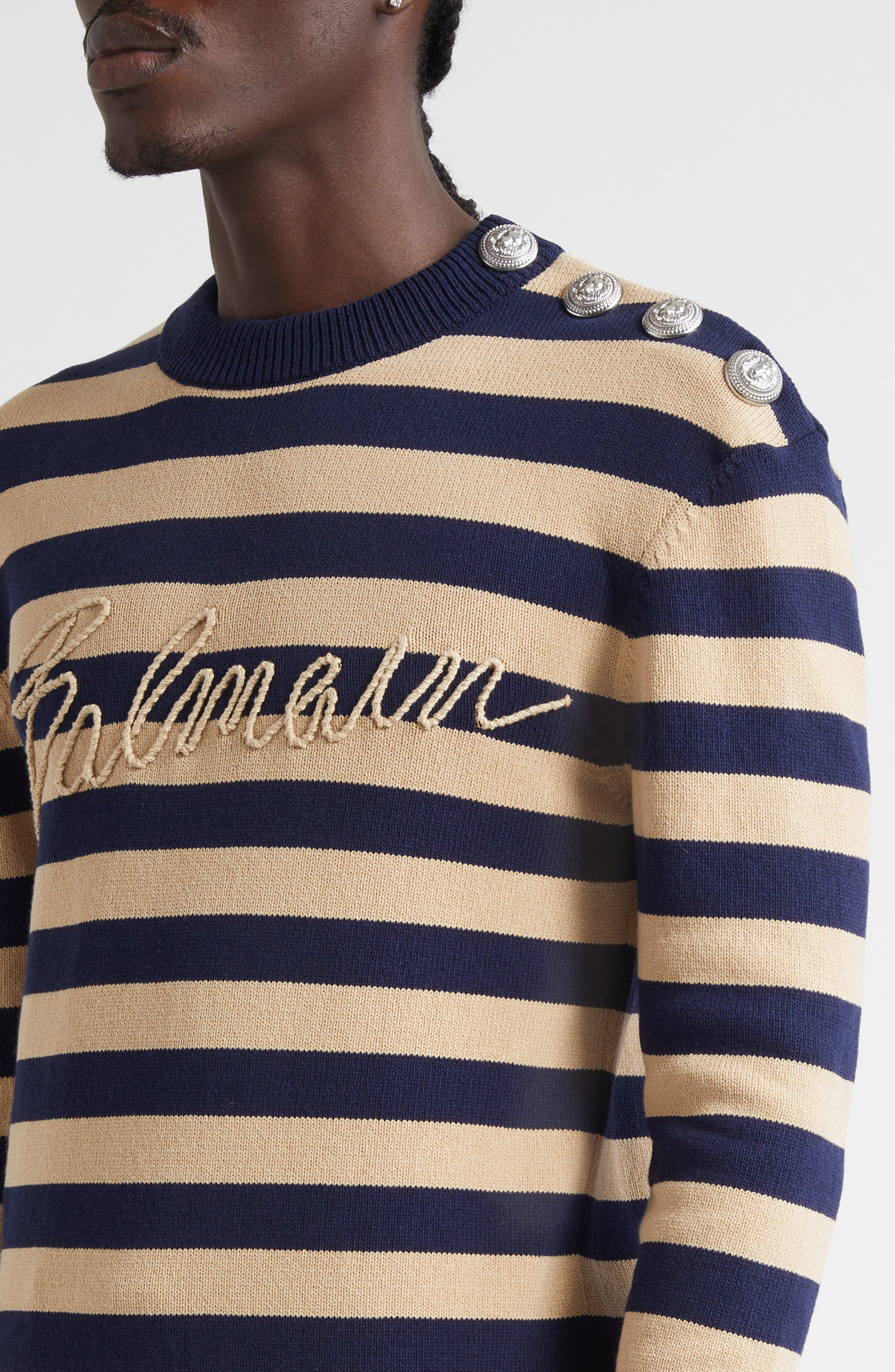 Balmain Embroidered Logo Cotton Sweater in Soe Navy/Camel at Nordstrom - 5