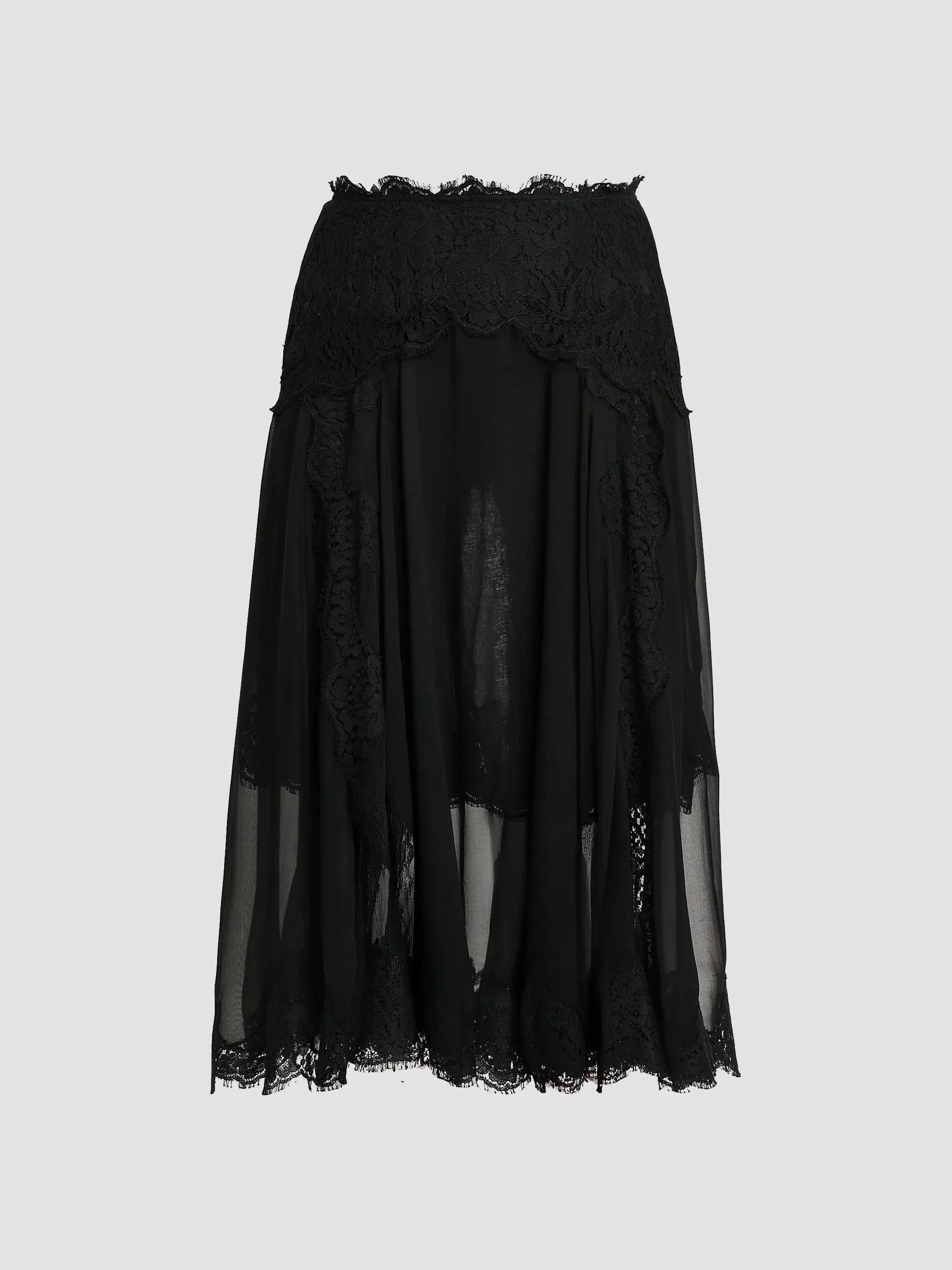 Women's Lace-Trimmed Chiffon Knee-Length Skirt - Nero - 1
