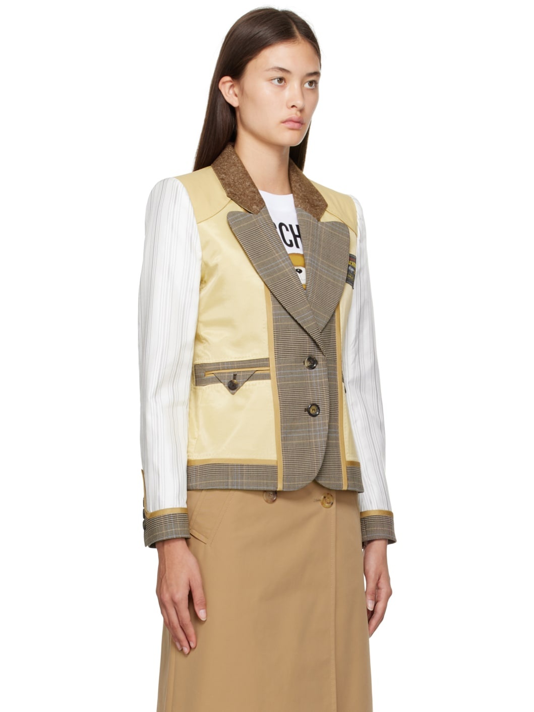 Beige & White Paneled Blazer - 2