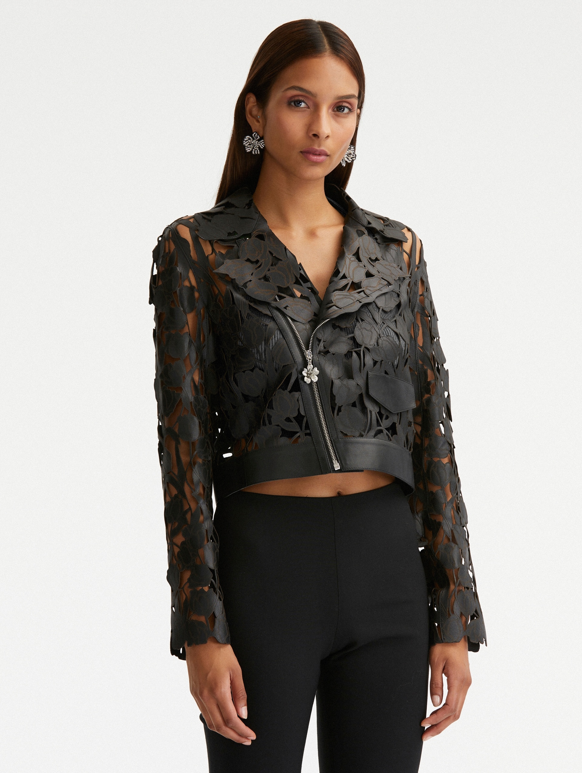 LASER CUT TULIP LEATHER MOTORCYCLE JACKET - 2