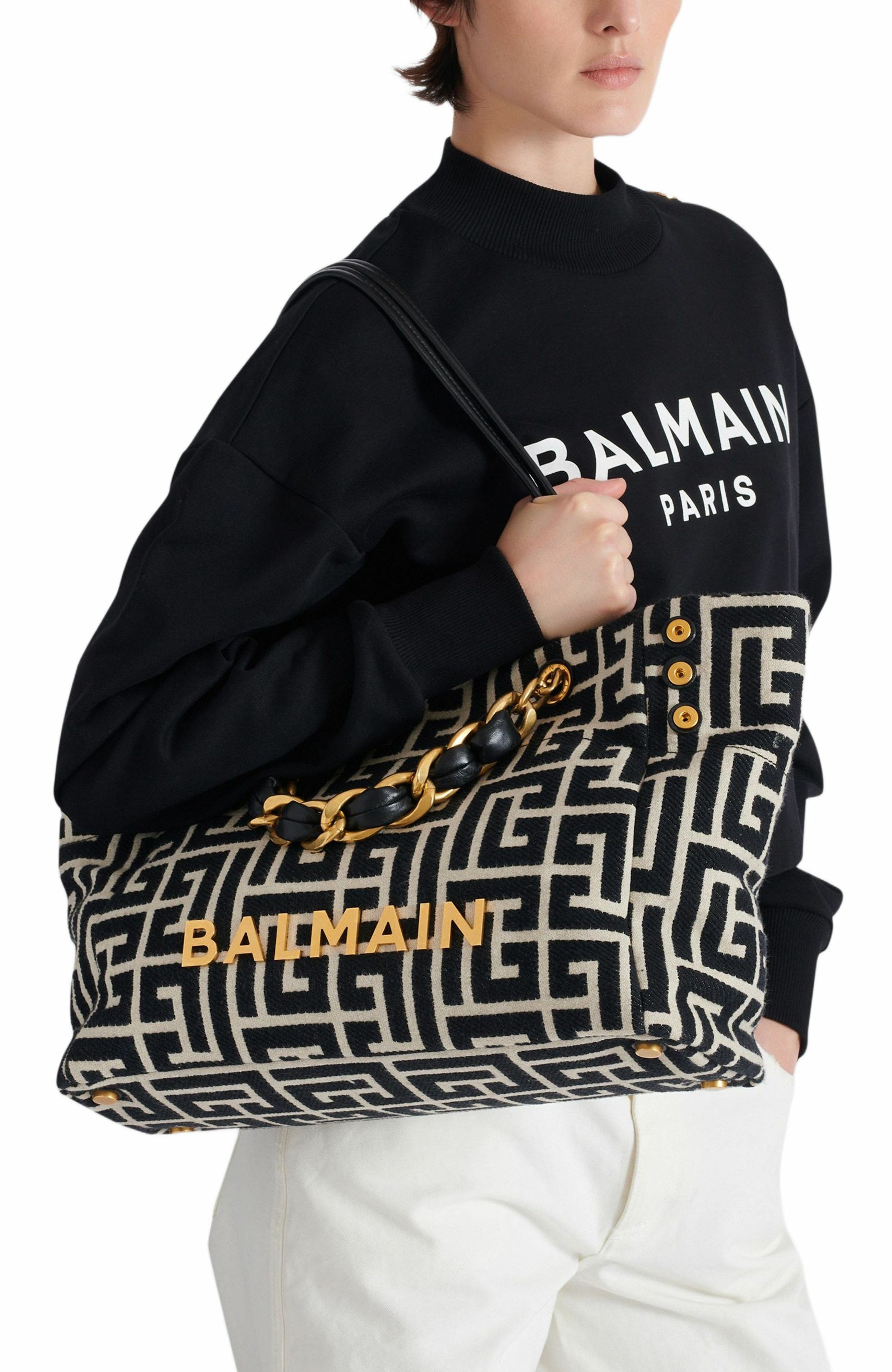 Balmain 1945 Soft PB-monogrammed jacquard canvas tote bag in Black at Nordstrom - 8