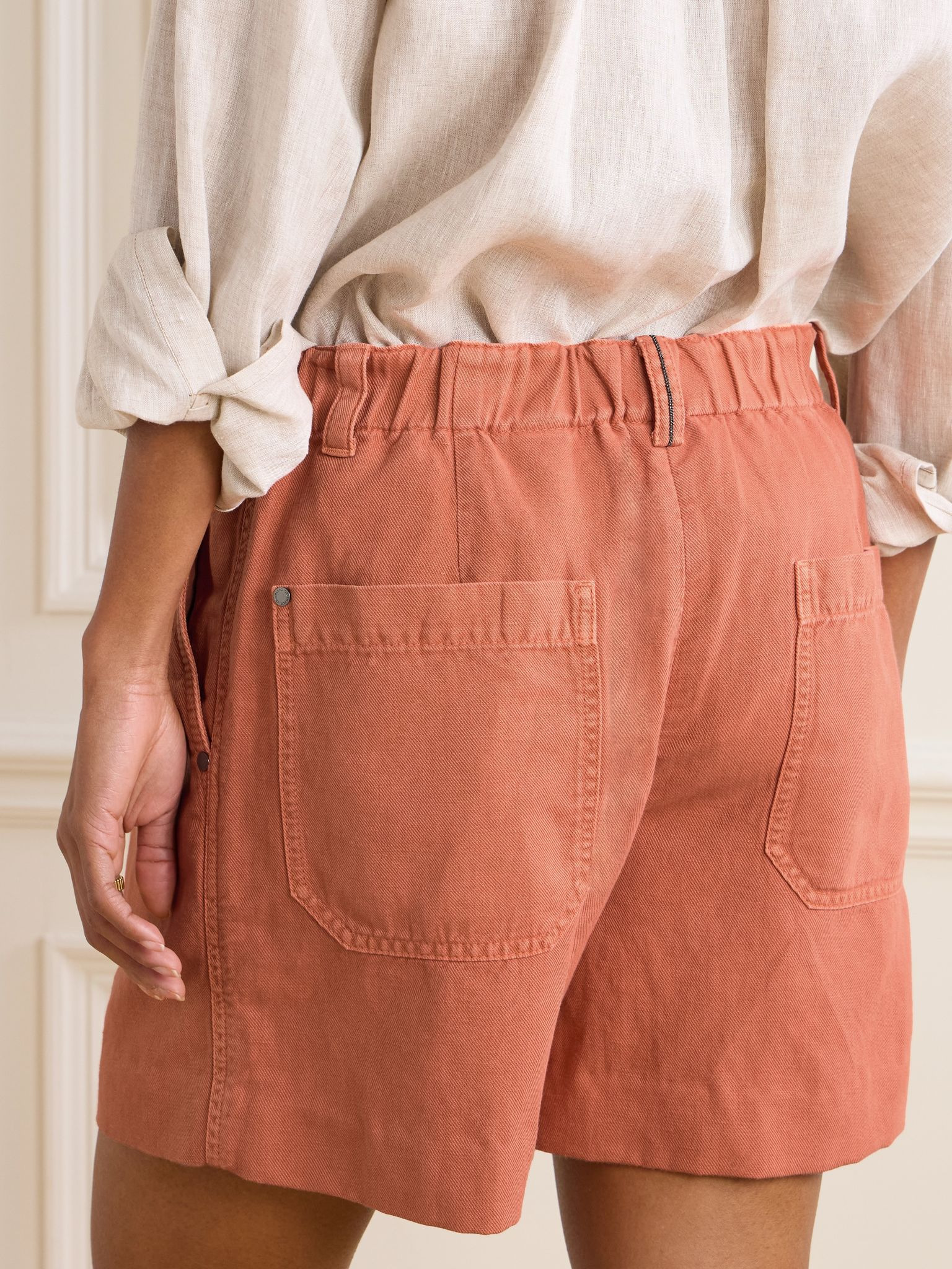 Bead-embellished pleated cotton and linen-blend twill shorts Orange - 3