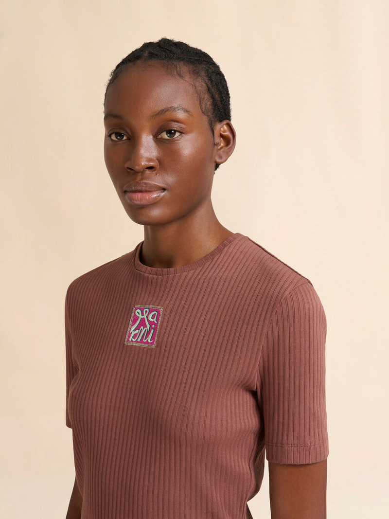 BROWN RIBBED COTTON T-SHIRT WITH MARNI FRAME LOGO 4