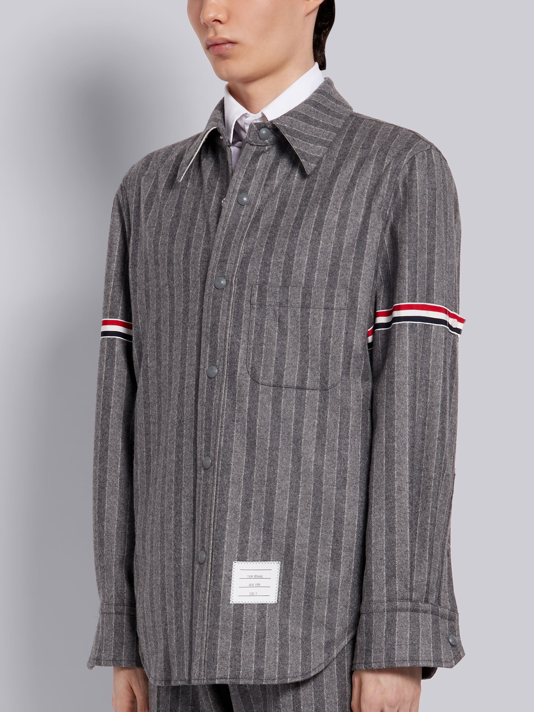 Medium Grey Chalk Stripe Wool Flannel Armband Snap Front Shirt Jacket - 2